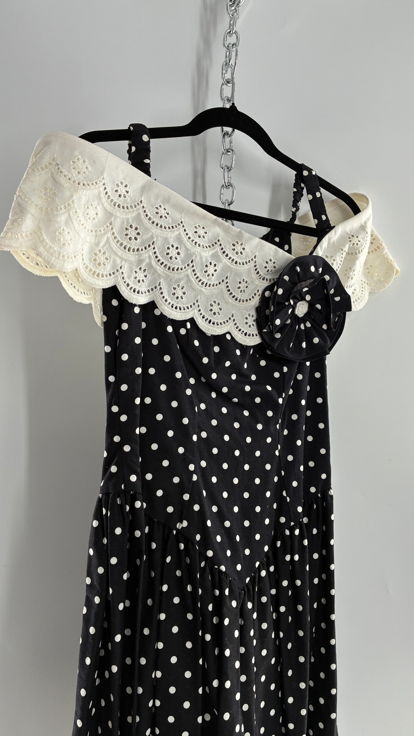 Vintage Handmade Black and White Polka Dot Pointed Waistline Gown with Off the Shoulder Stiff Lace Straps and Rosette Detail (8)
