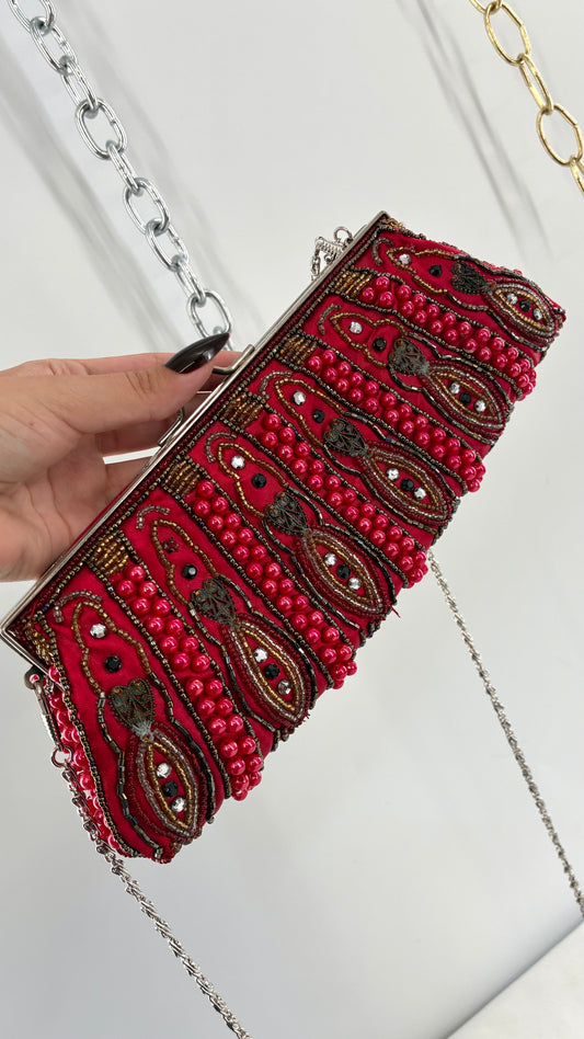 Vintage Red Paisley Beaded Kiss-Lock Evening Bag With Chain Strap