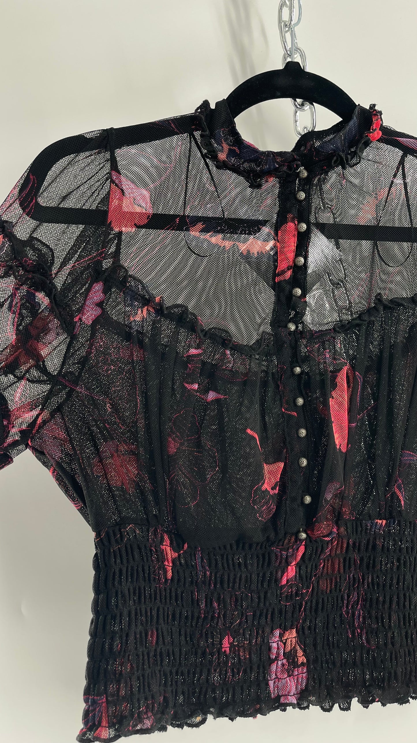 Free People Black Mesh Top with Smocked Waist, Buttoning and Contrasting Florals (Medium)