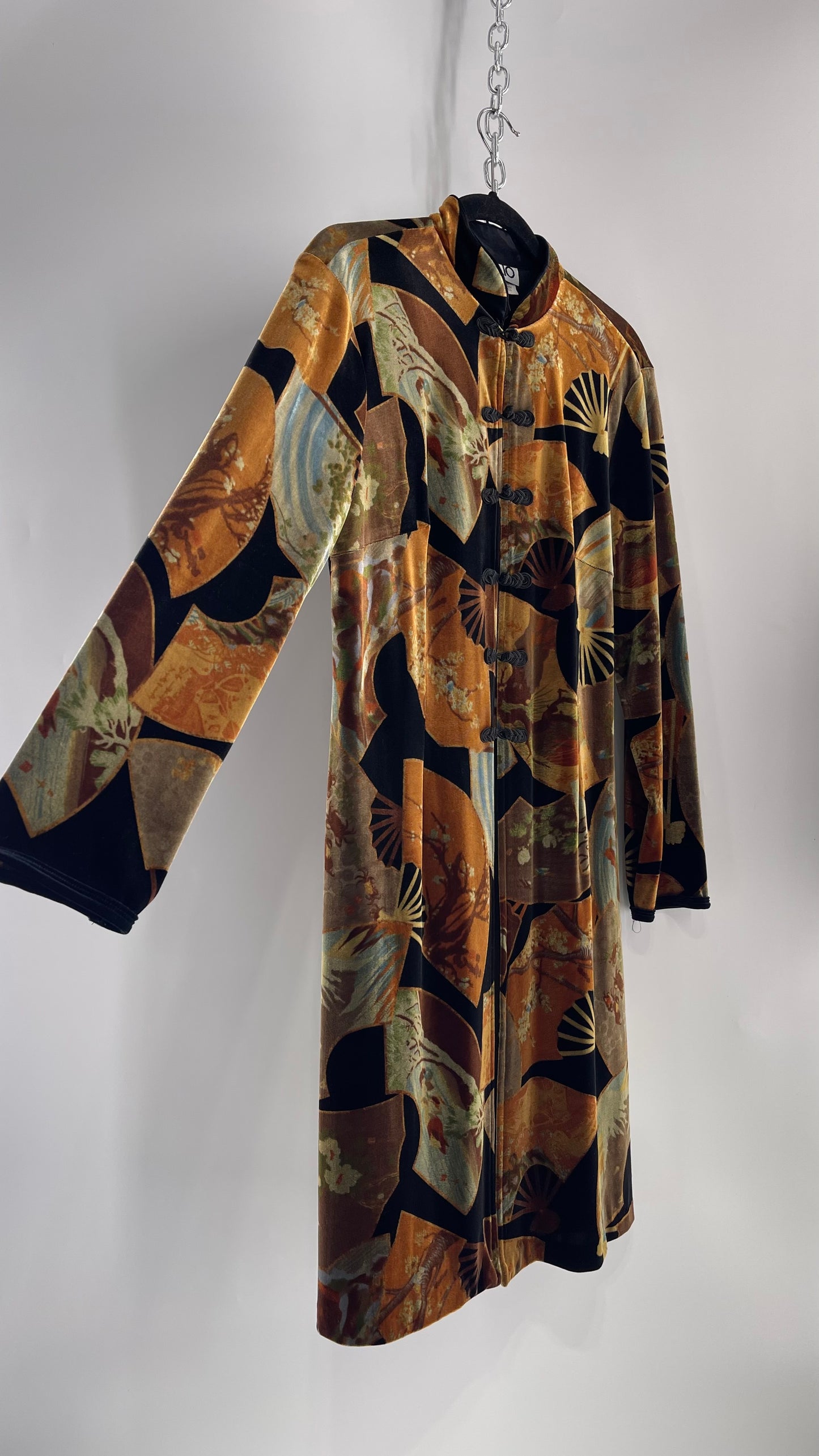 Vintage CLIO 1990s Black Velvet/Velour Fan Patterned Duster Coat (Medium)