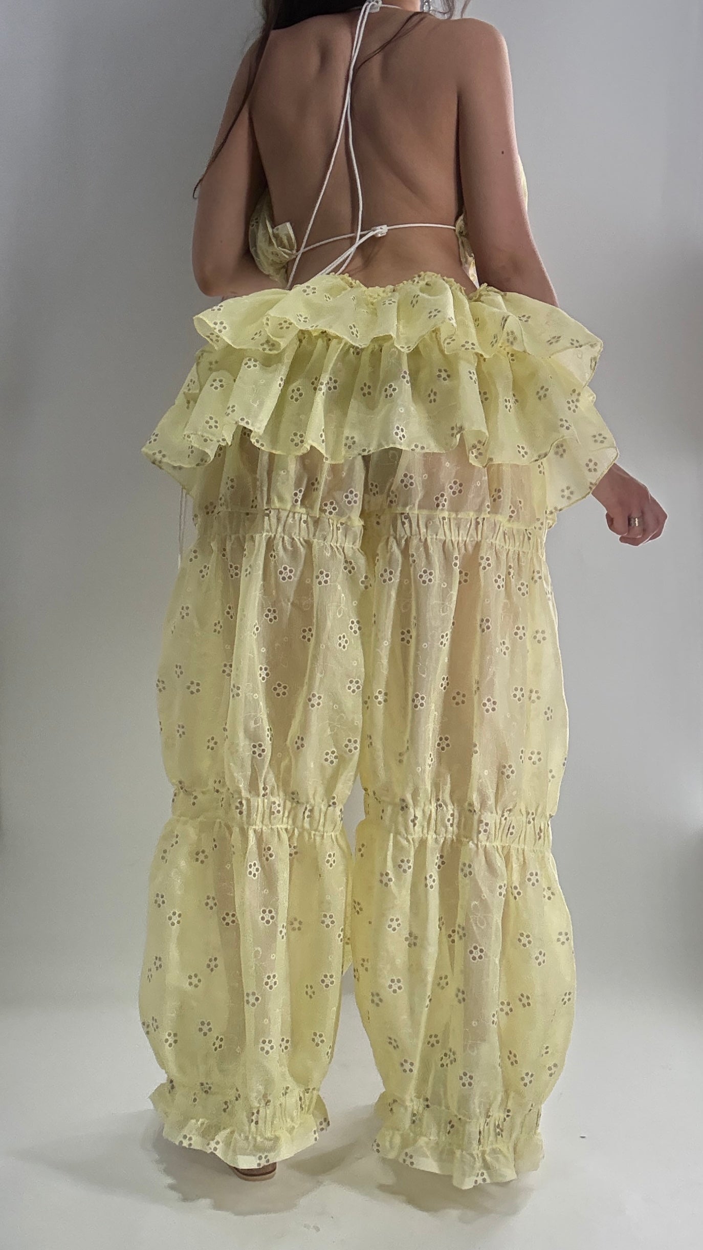 Vintage Handmade 2pc Baby Yellow Set with Tiered Pants, Ruffled Bum, and Floral Eyelet Pattern (XS-M)
