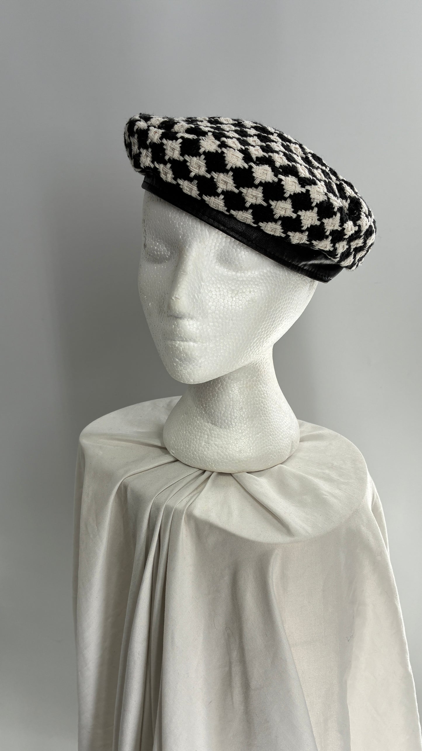 Black and White Knit Houndstooth Beret with Vegan Leather Band