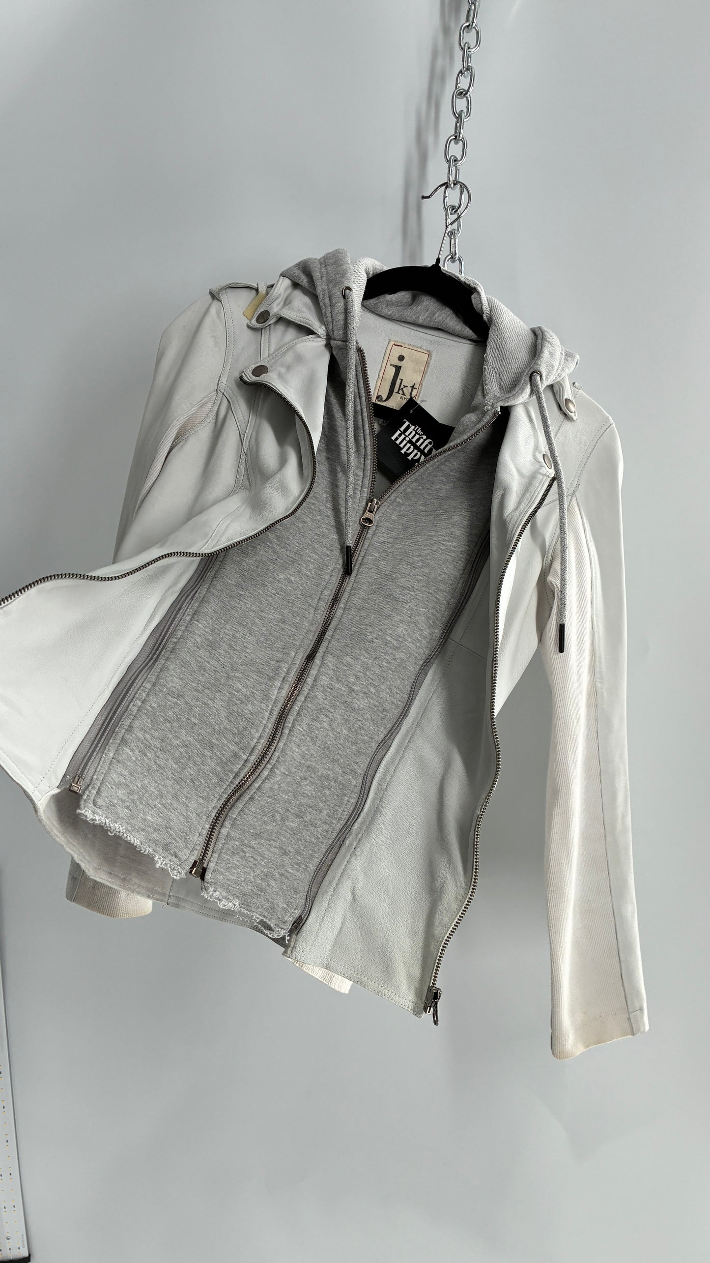 Jakett White Molly Burnished White Genuine Leather Double Layer Moto Jacket with Removable Grey Hoodie Insert (XS)