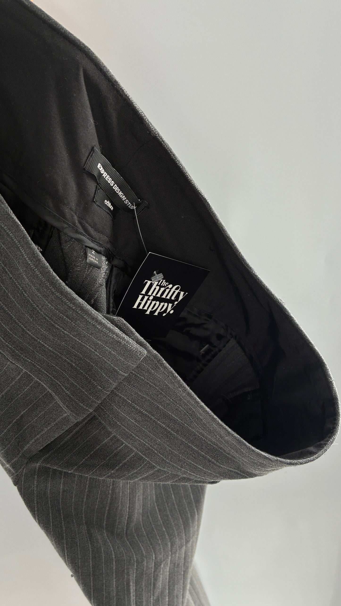 Vintage 1990s EXPRESS Editor Dark Grey Pinstripe Ultra Low Rise Thick Hip Band Kick Flares (2)