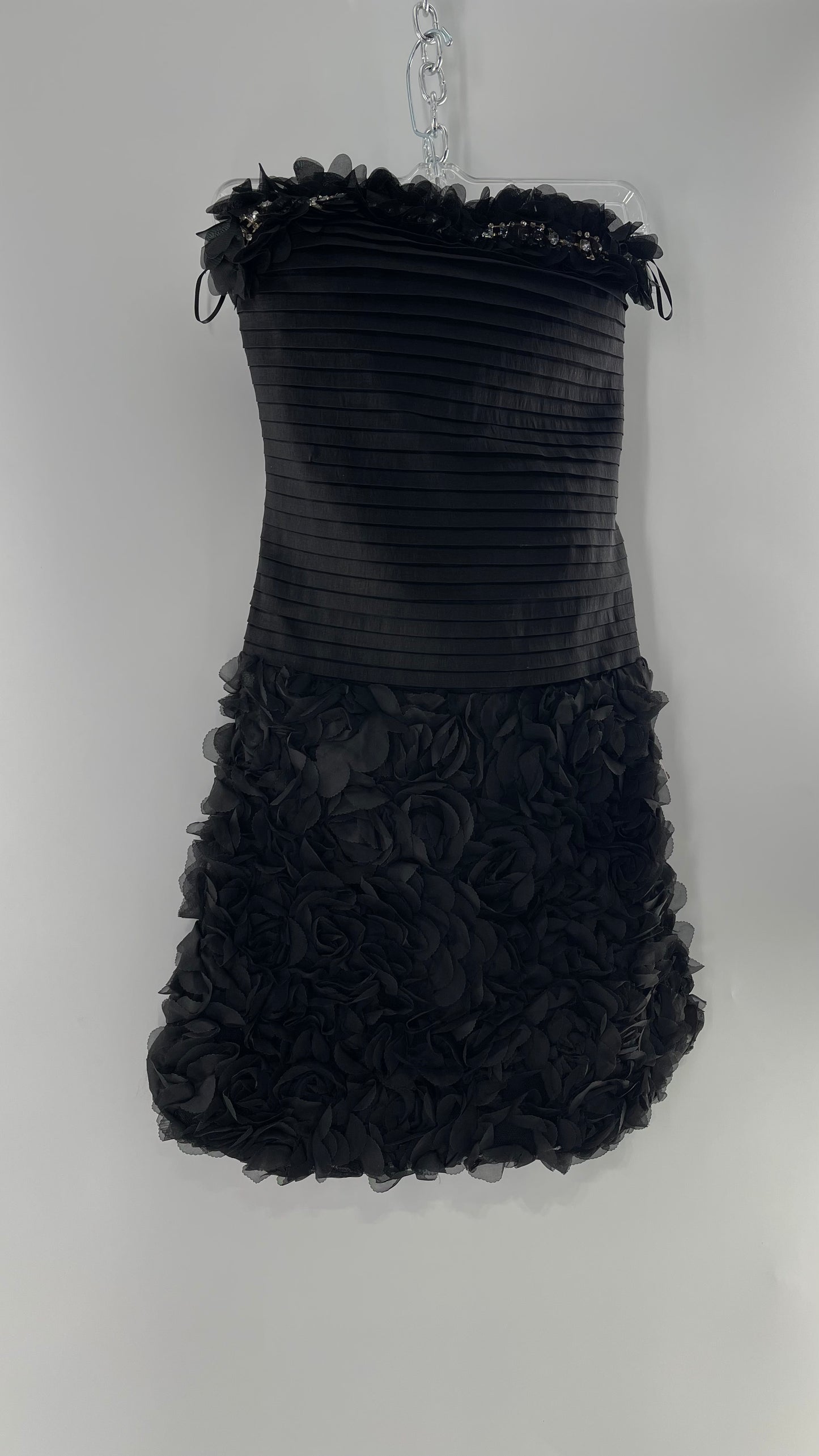 C.O:GWBG Black Dress with Pleated Bodice, Floral Ruffled Skirt and Bedazzled Bustline (S/M)