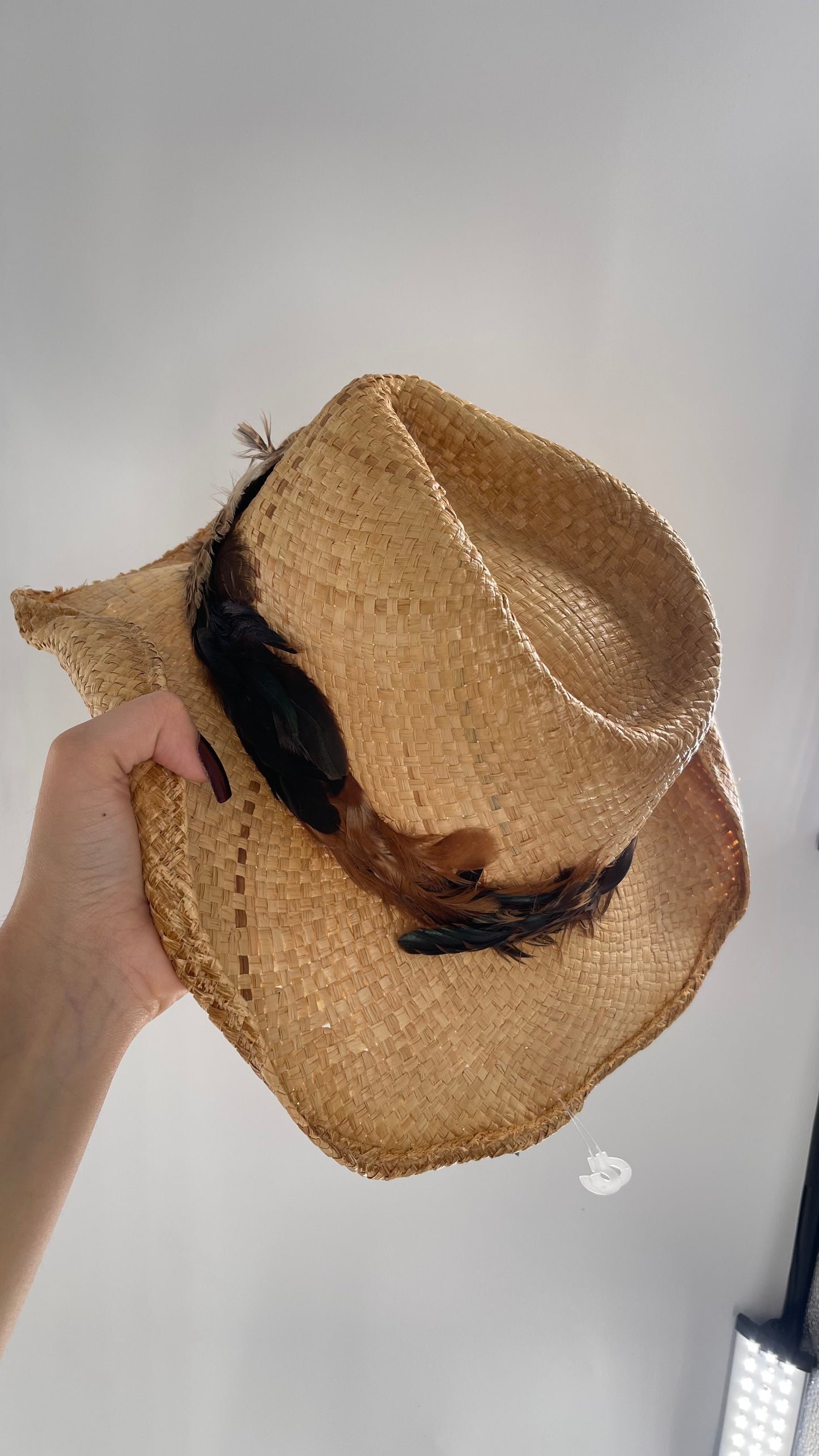 Vintage Straw Hat with Feather Band