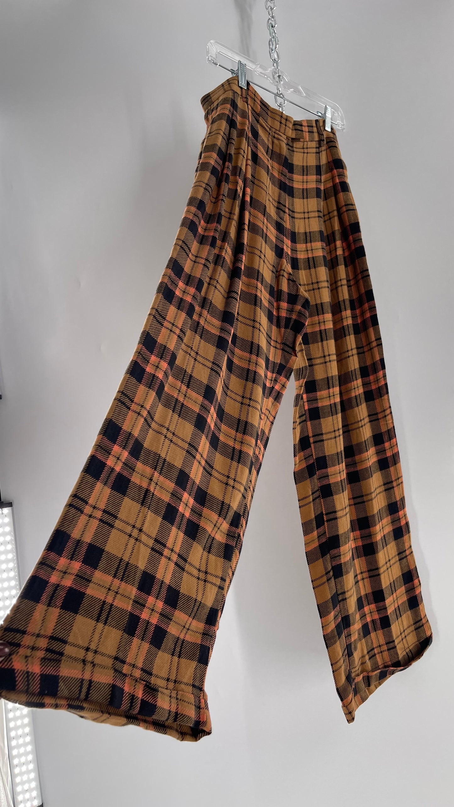 Free People Mustard,Salmon, Black Plaid High Waisted Wide Leg Trouser with Pleating (4)