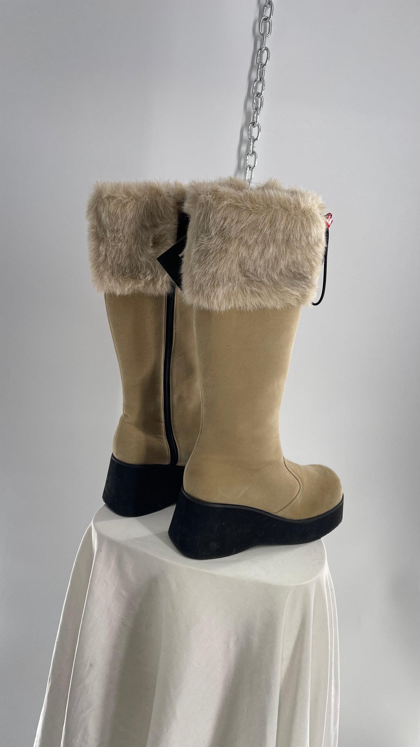 Vintage Faux Fur Trim Tan Platform Wedge Knee High Boots (6)