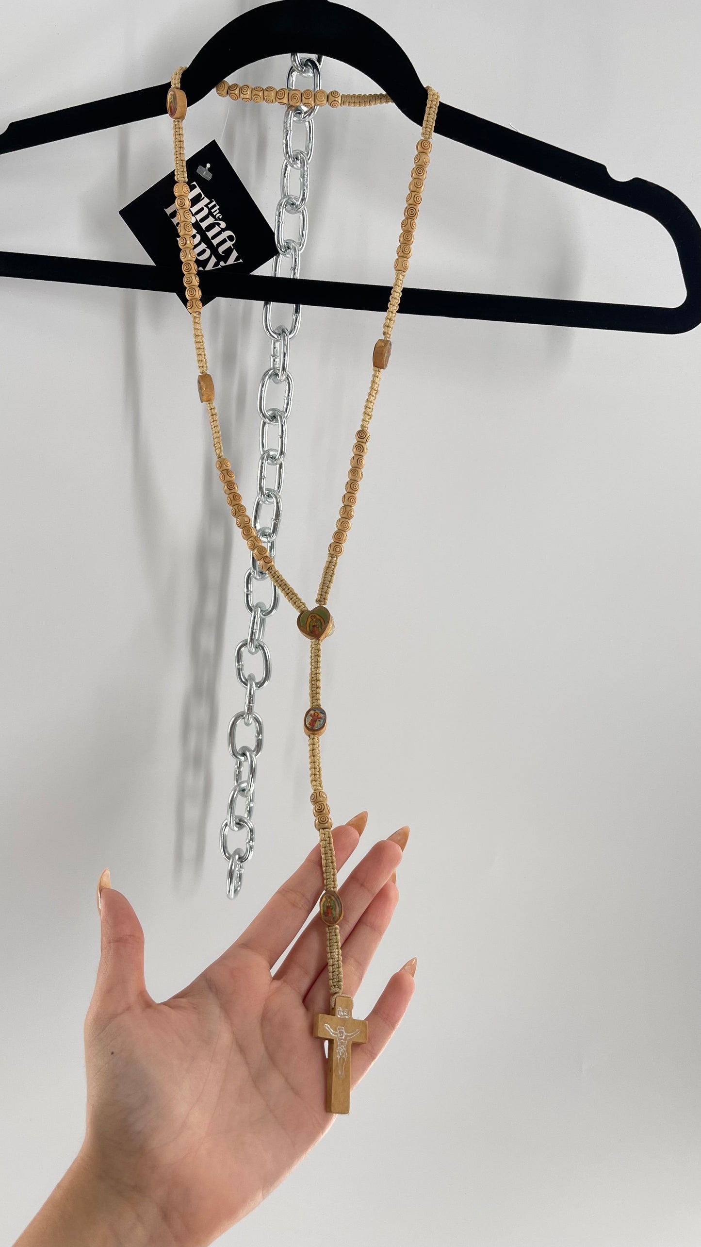 Vintage Beige Toned Rope Rosary Necklace Prayer Beads