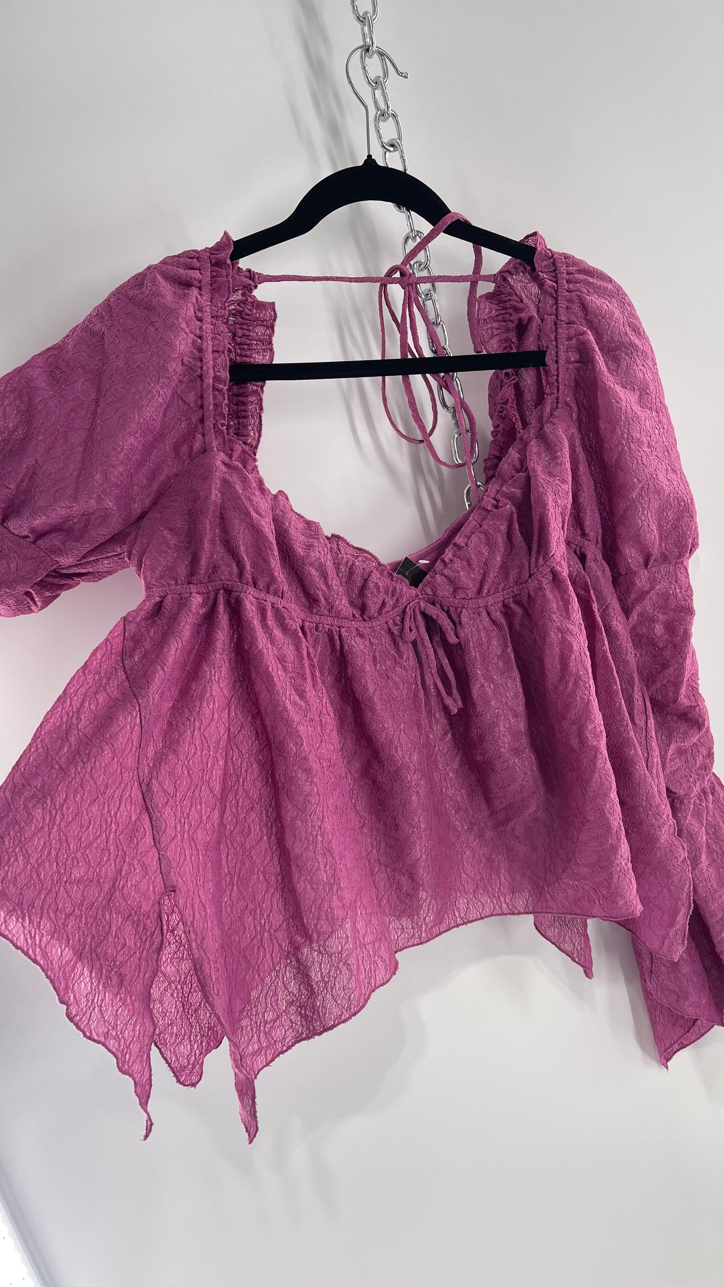 Urban Outfitters Purple Lace Blouse with Handkerchief Slit Hem, Princess Fairy Sleeves, Ruffle Trim Bust and Low Back (Large)