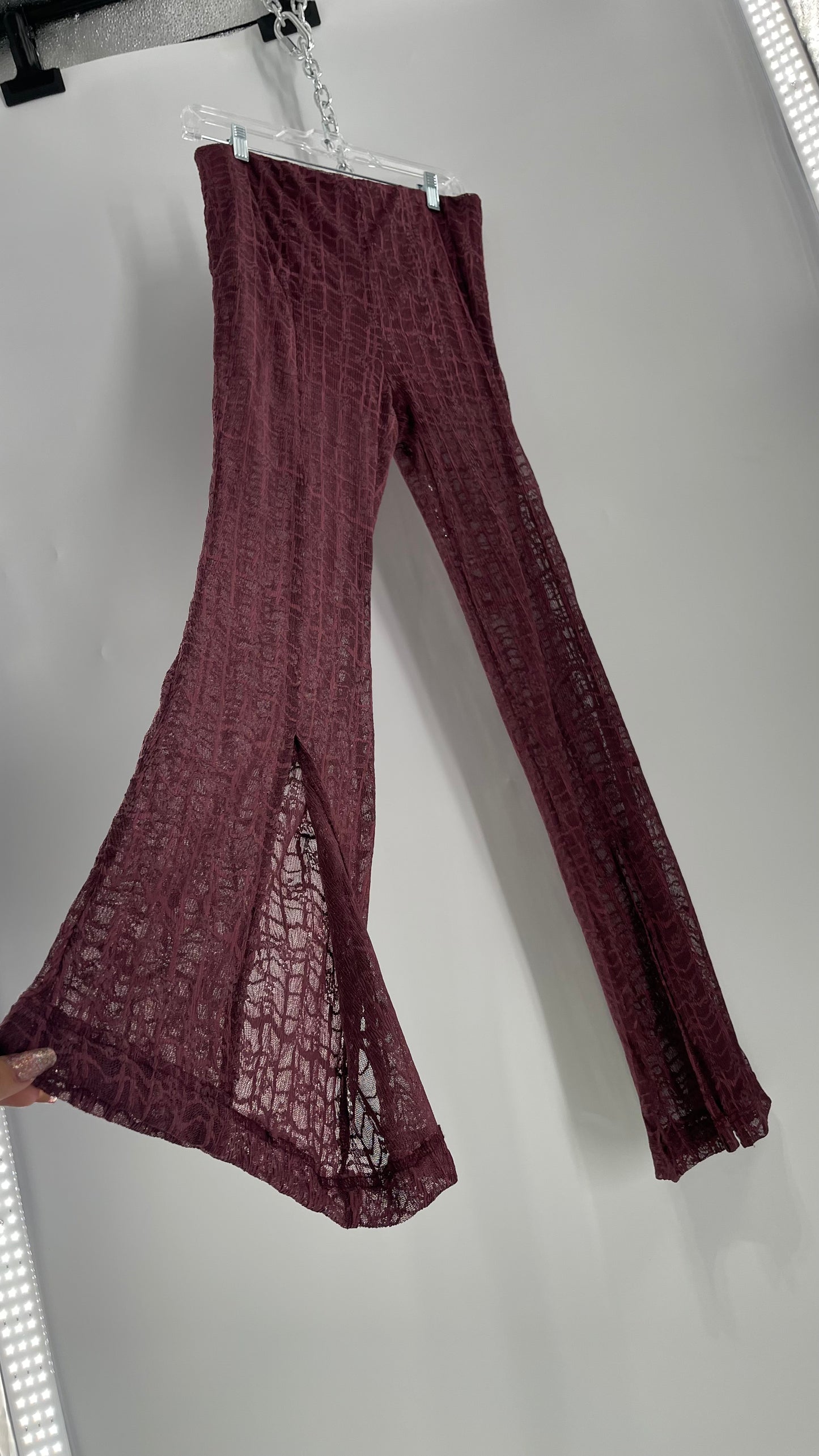 Free People Plum Lace Flares with Vented Hem and Sewn in Shorts Tags Attached (Medium)