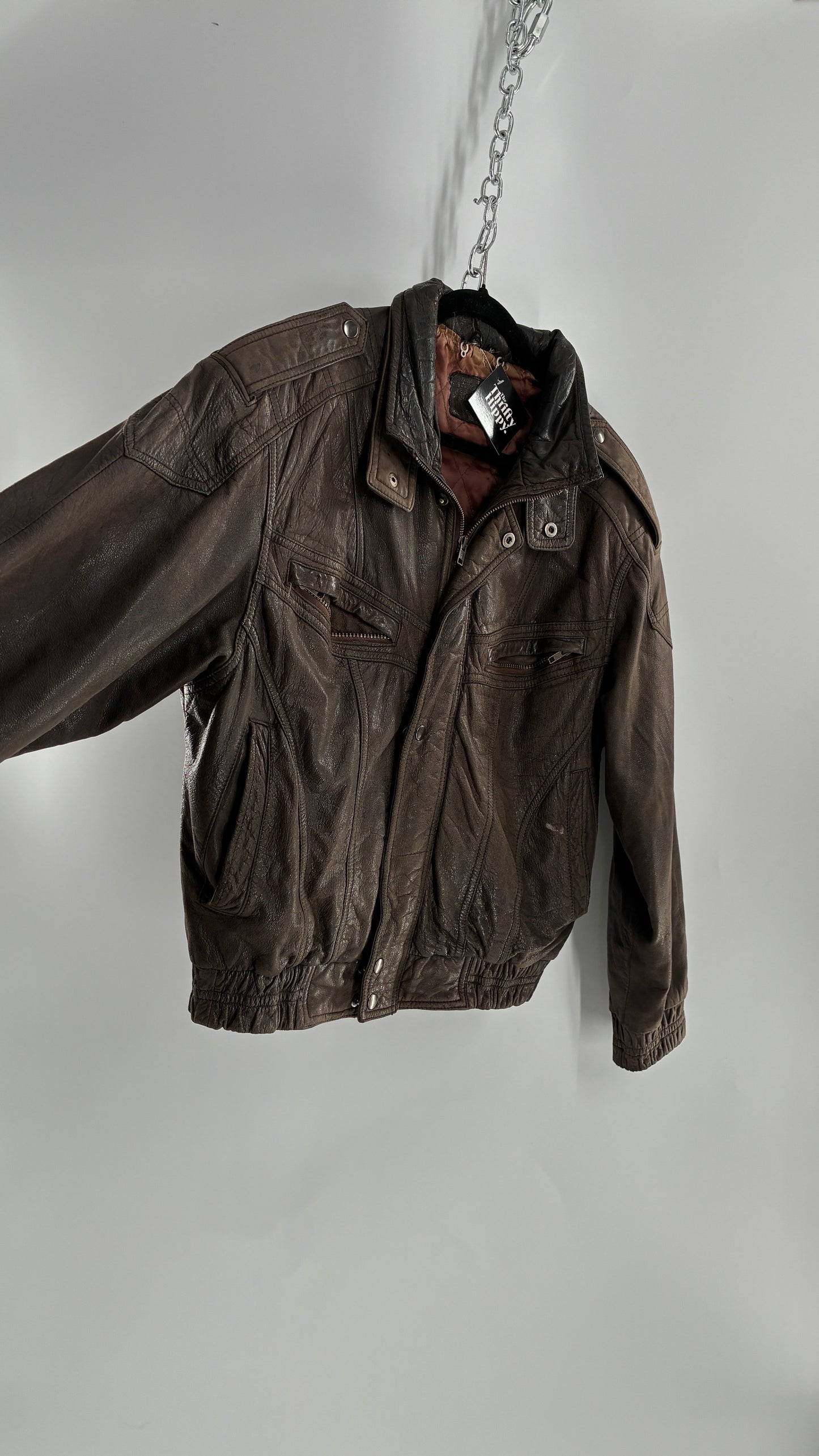 Vintage SAXONY Distressed Leather Bomber Jacket (Medium)