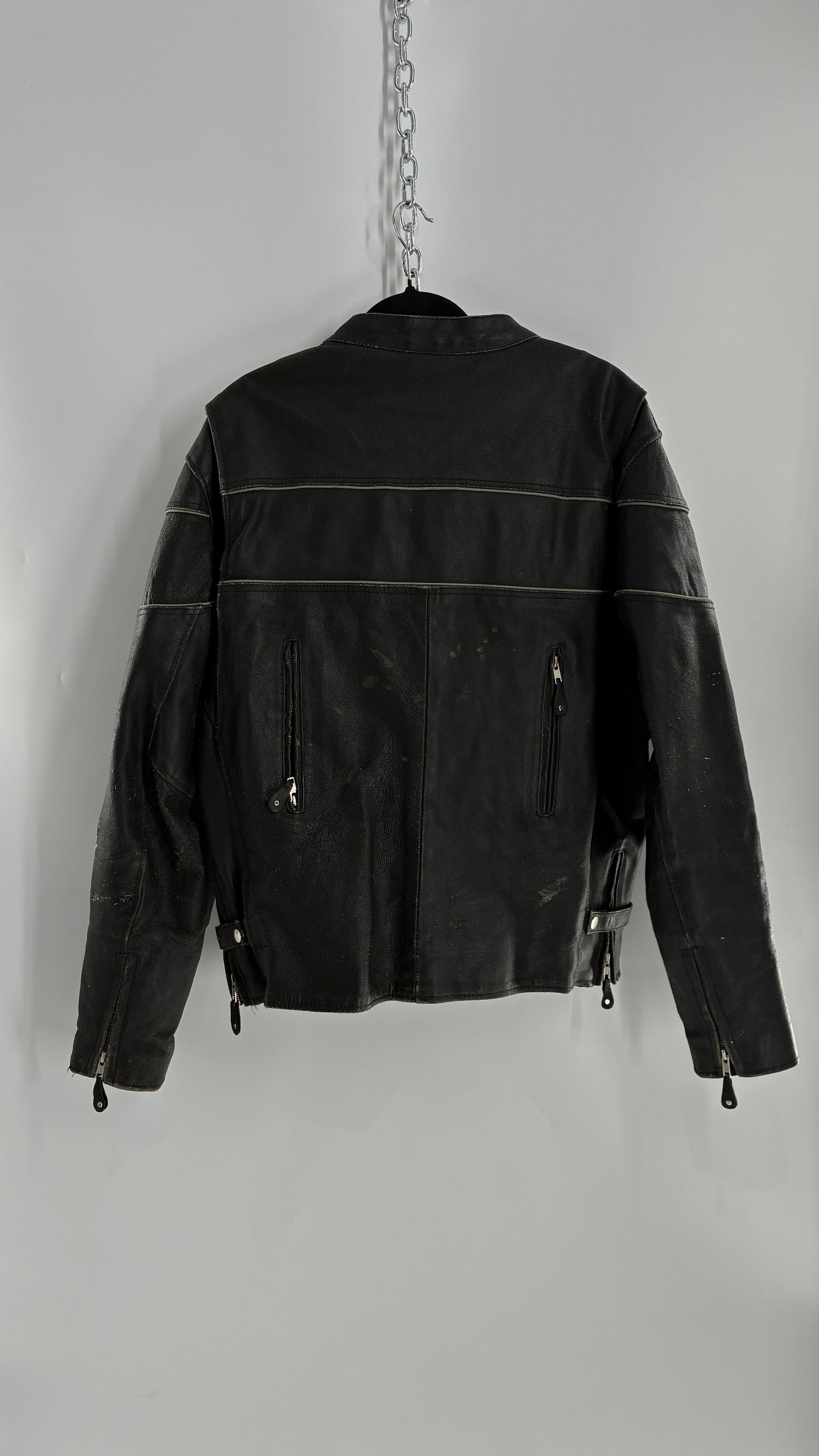 Vintage Distressed Genuine Leather Motorcycle Jacket with Zippered Pockets, Cuffs, and Sides (Large)