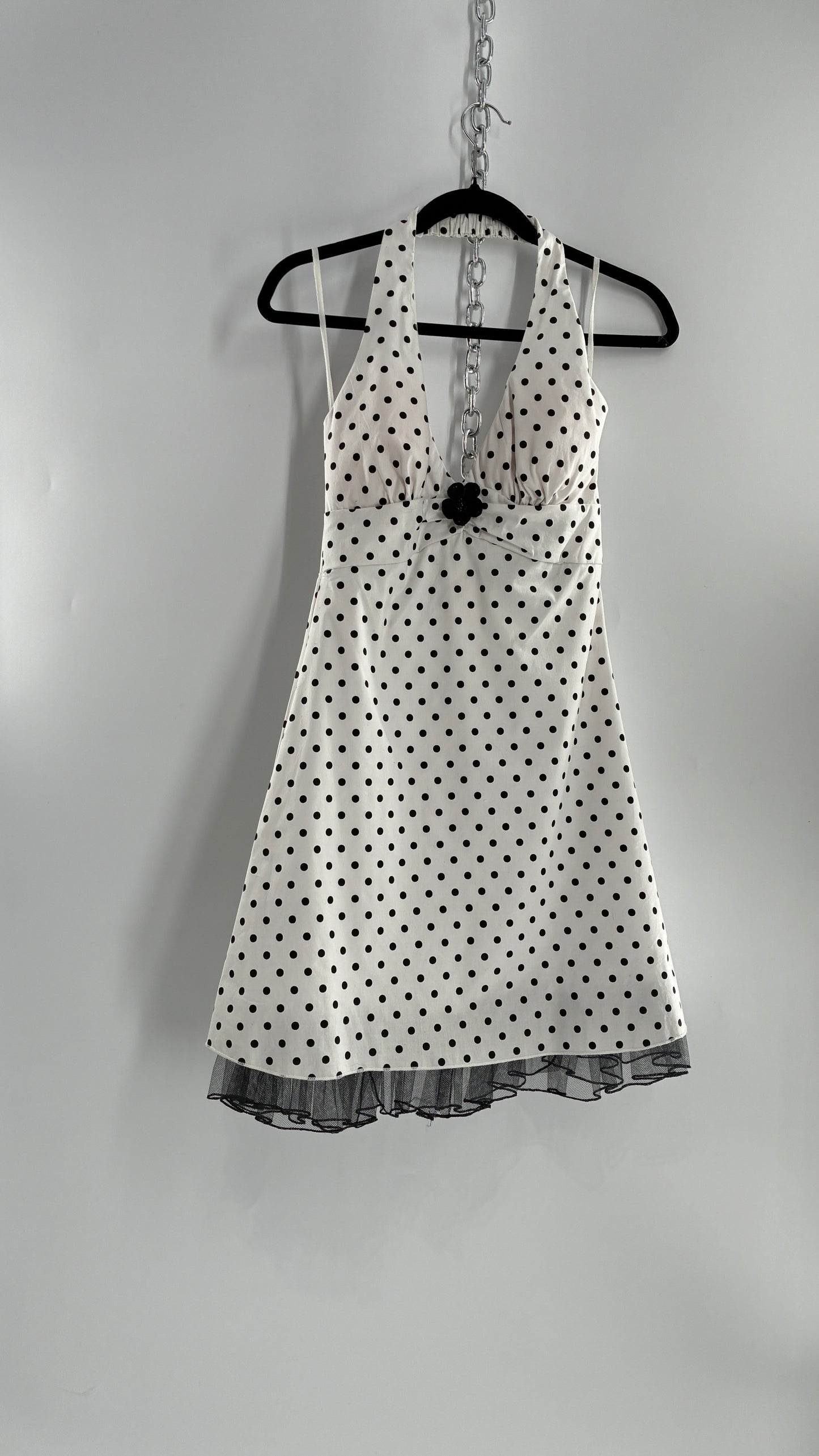 Deadstock Vintage Ruby Rox Retro Style White and Black Polka Dotted Mini Dress with Tulle Trim (7)