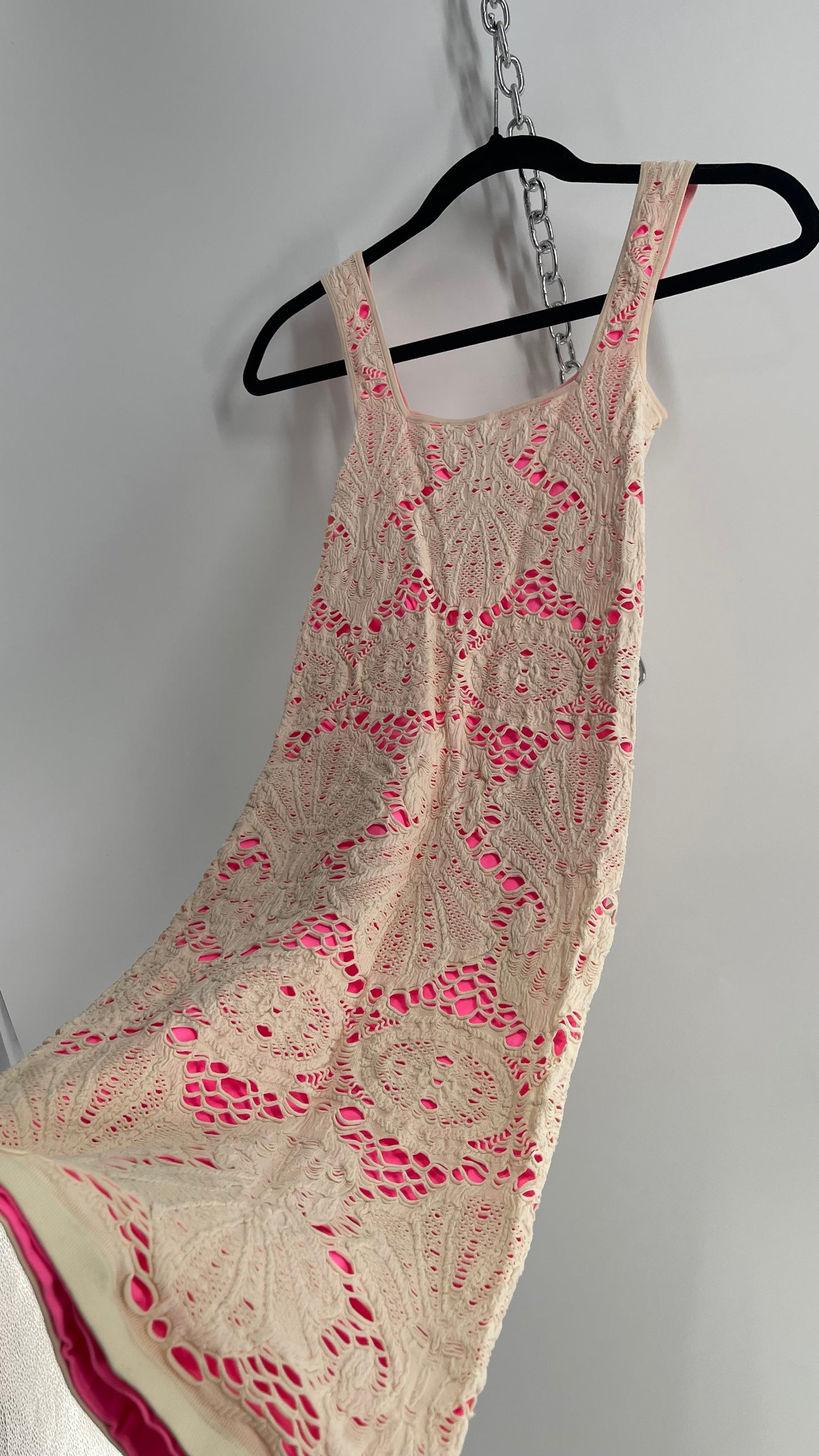 Free People Pink Stretchy Dress with Off White Lace Overlay (XS/S)