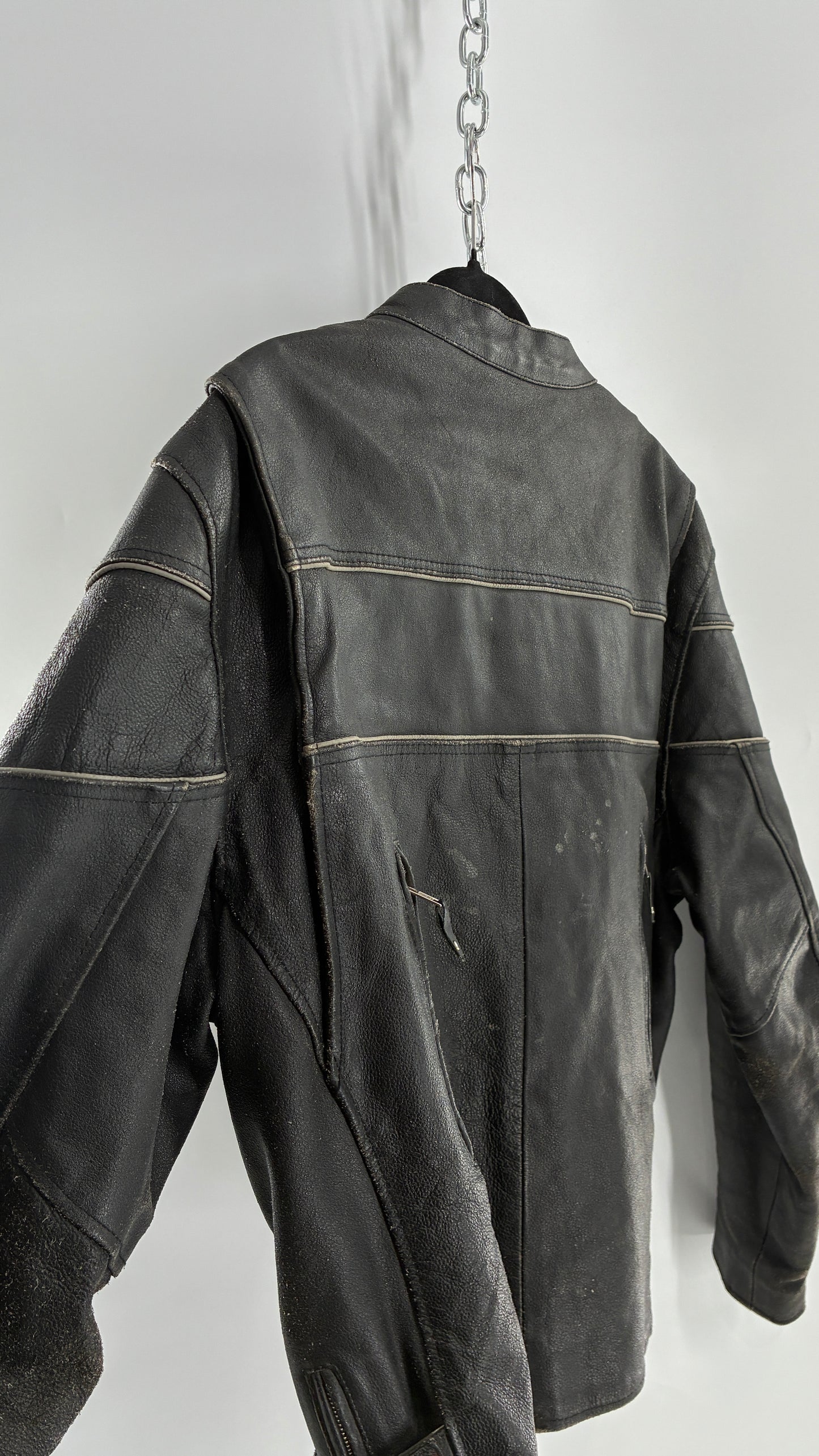 Vintage Distressed Genuine Leather Motorcycle Jacket with Zippered Pockets, Cuffs, and Sides (Large)