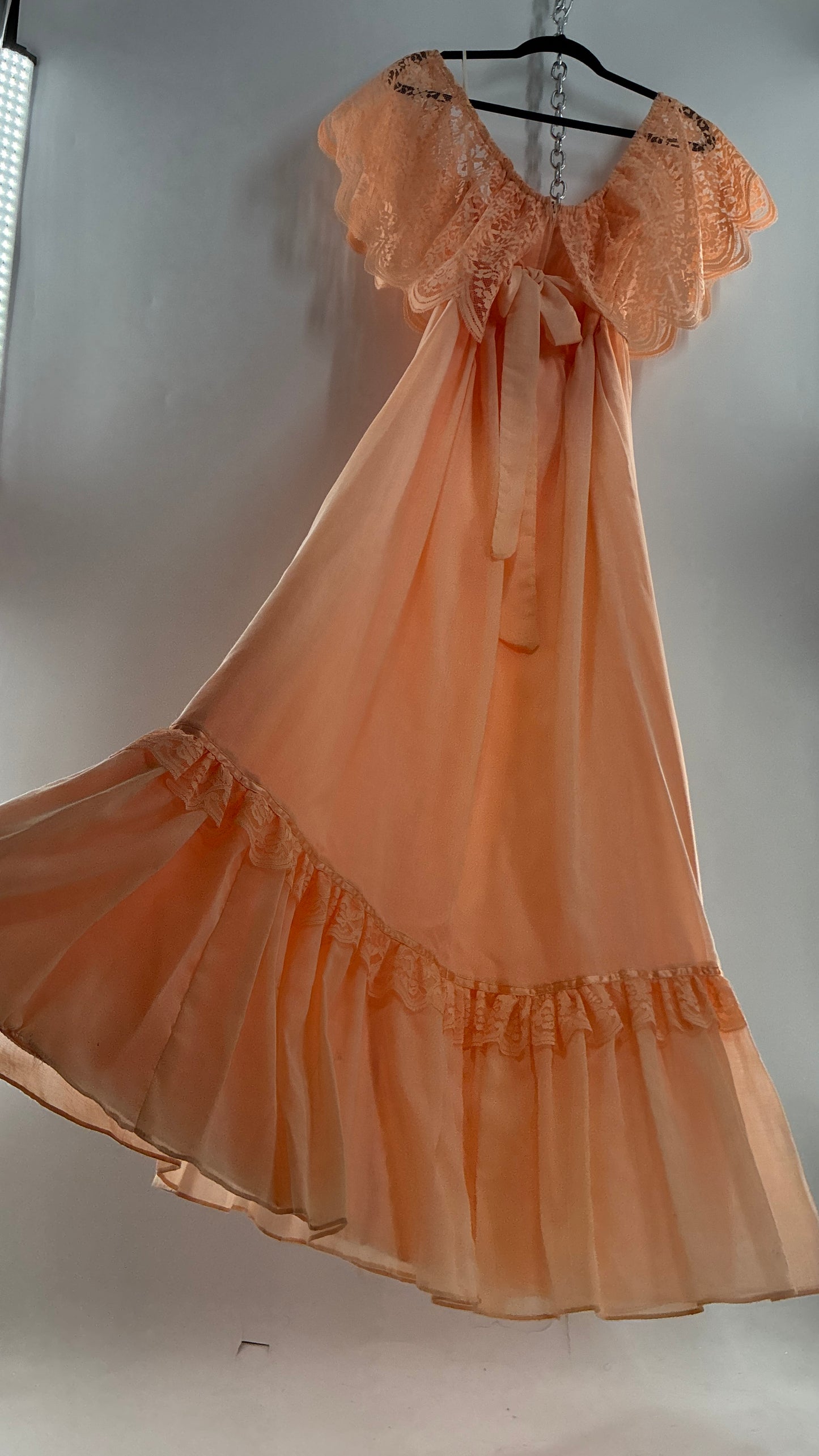 Vintage 1960s Ruffled Off the Shoulder Peach Full Length Voluminous Gown with Tie Back (9/10)