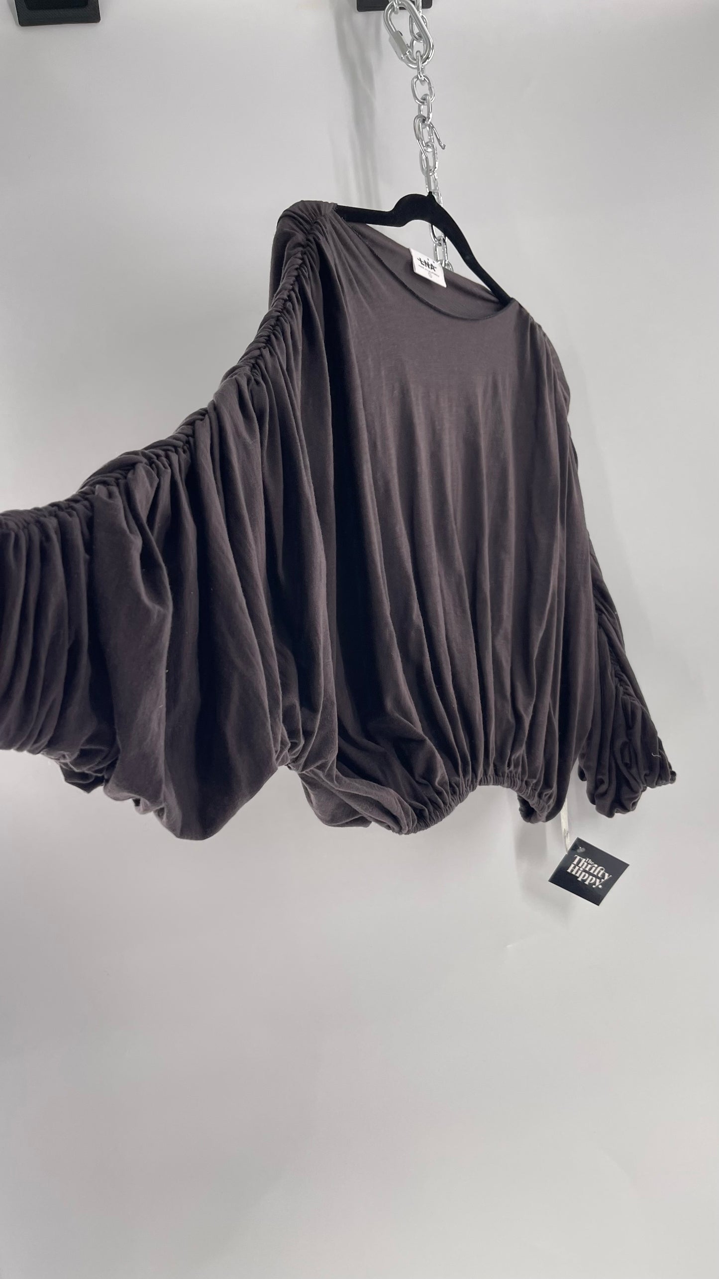 LNA California Made Free People Distopian Dark Grey Drape, Slouchy Ruched Long Sleeve with Tags Attached (Small)