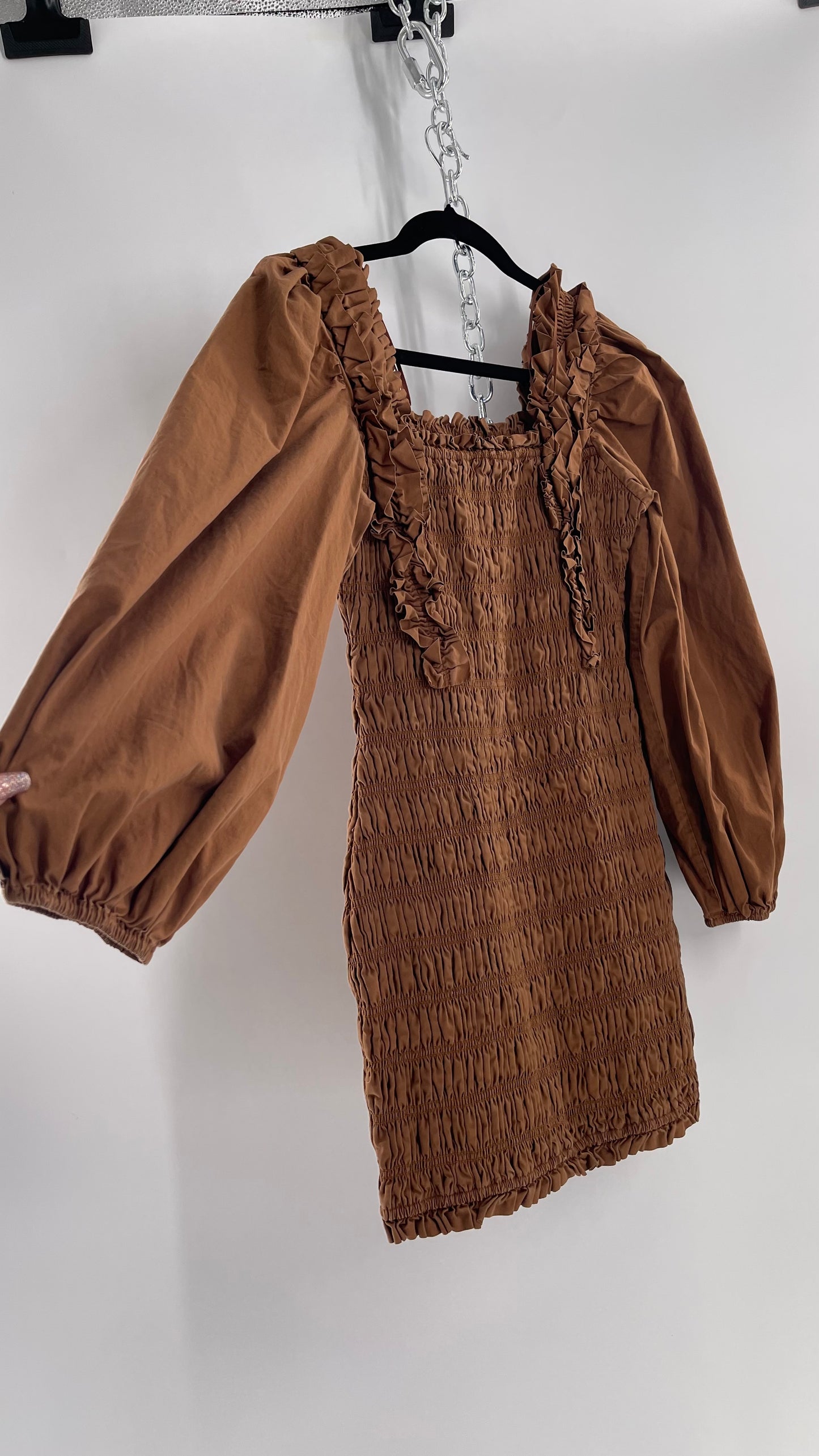 Endless Rose Anthropologie Brown Smocked Ruffle Front Puff Sleeve Mini Dress (Medium)