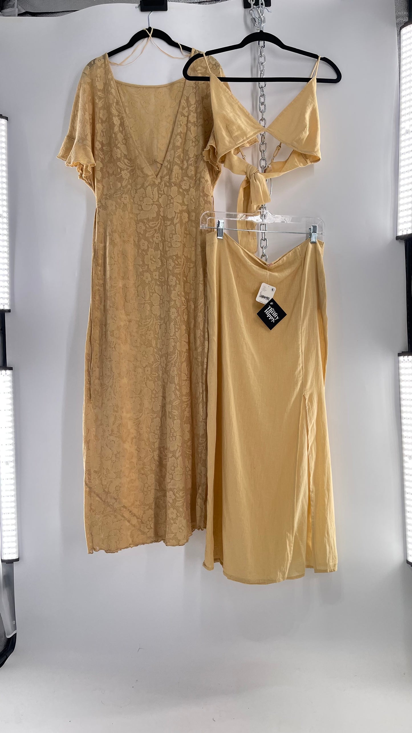 Free People Yellow Lace Gauze Maxi Dress Set with Bralette and Side Grommet Skirt (Large)