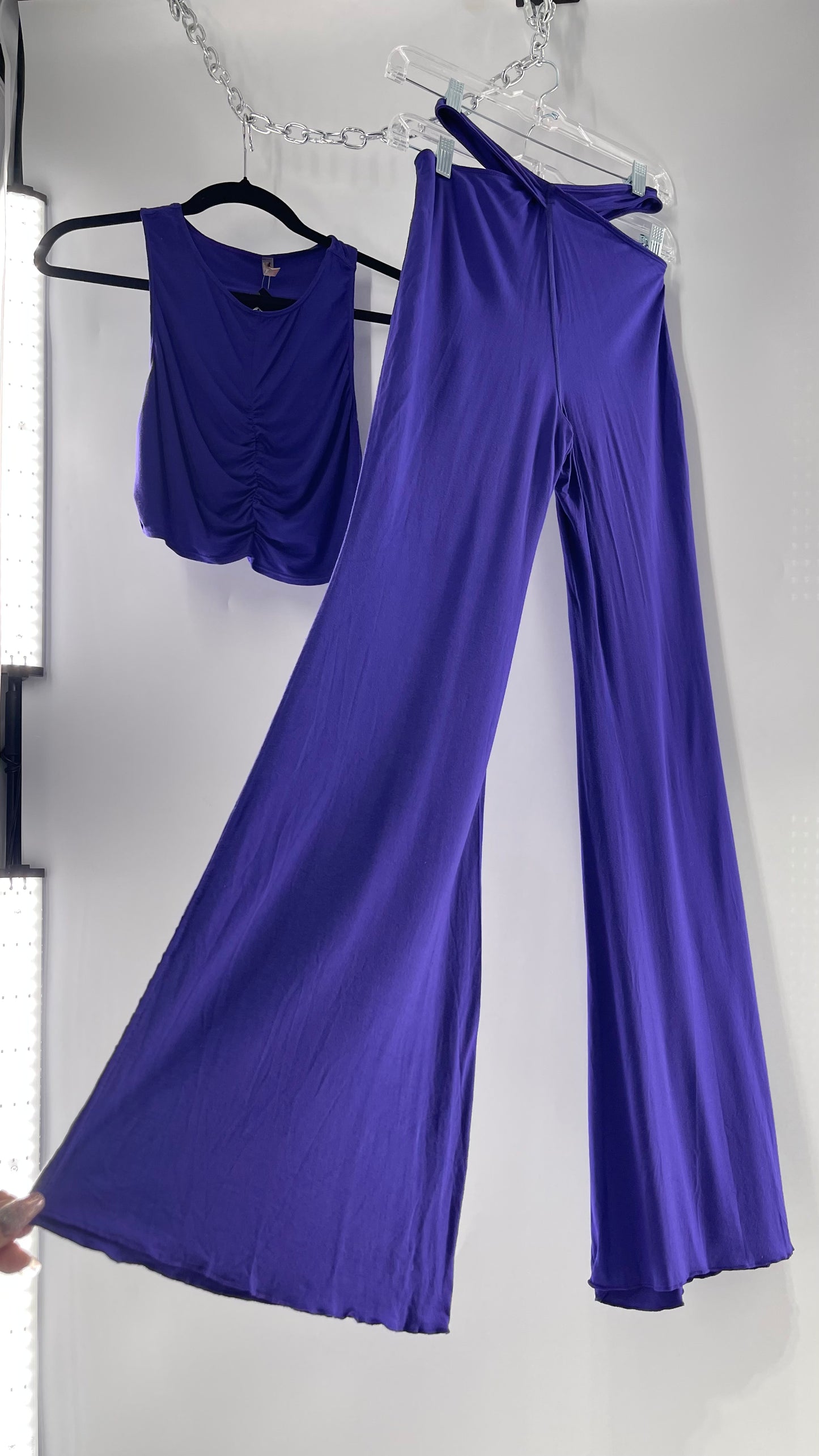 Free People 2 Piece Cobalt Purple Ruched Tank+ Cut Out Hip Strap Detail Flared Bottoms Set (Small)
