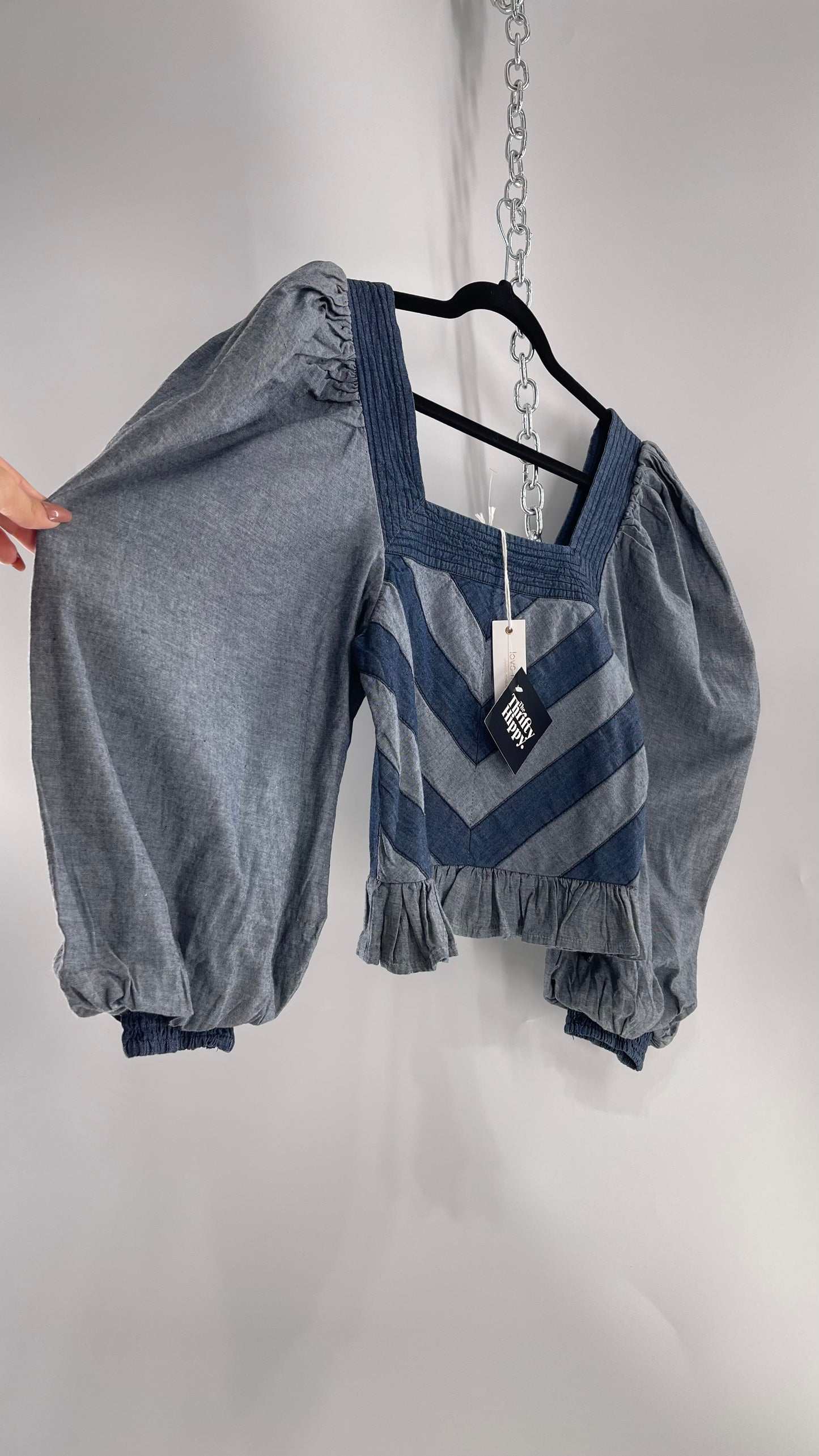 Love the Label ANTHROPOLOGIE Chambray, Chevron, Denim Smocked Blouse with Dramatic Sleeves and Tags Attached (Small)