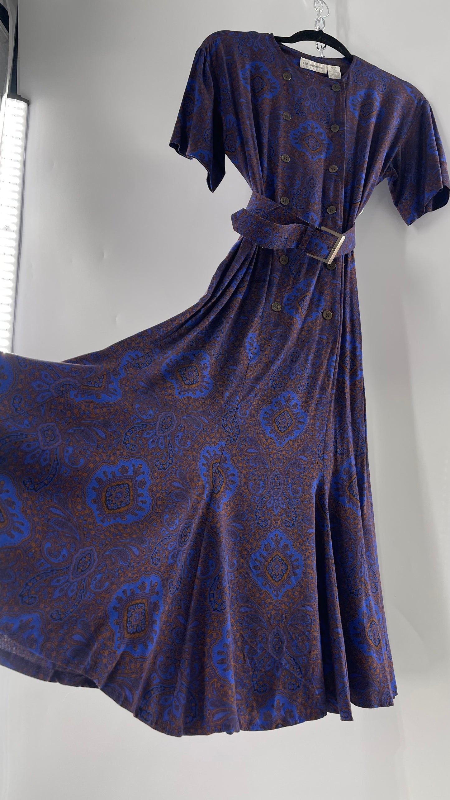 Vintage Liz Claiborne Cobalt Blue and Mustard Paisley Patterned 60s Style Dress(4)