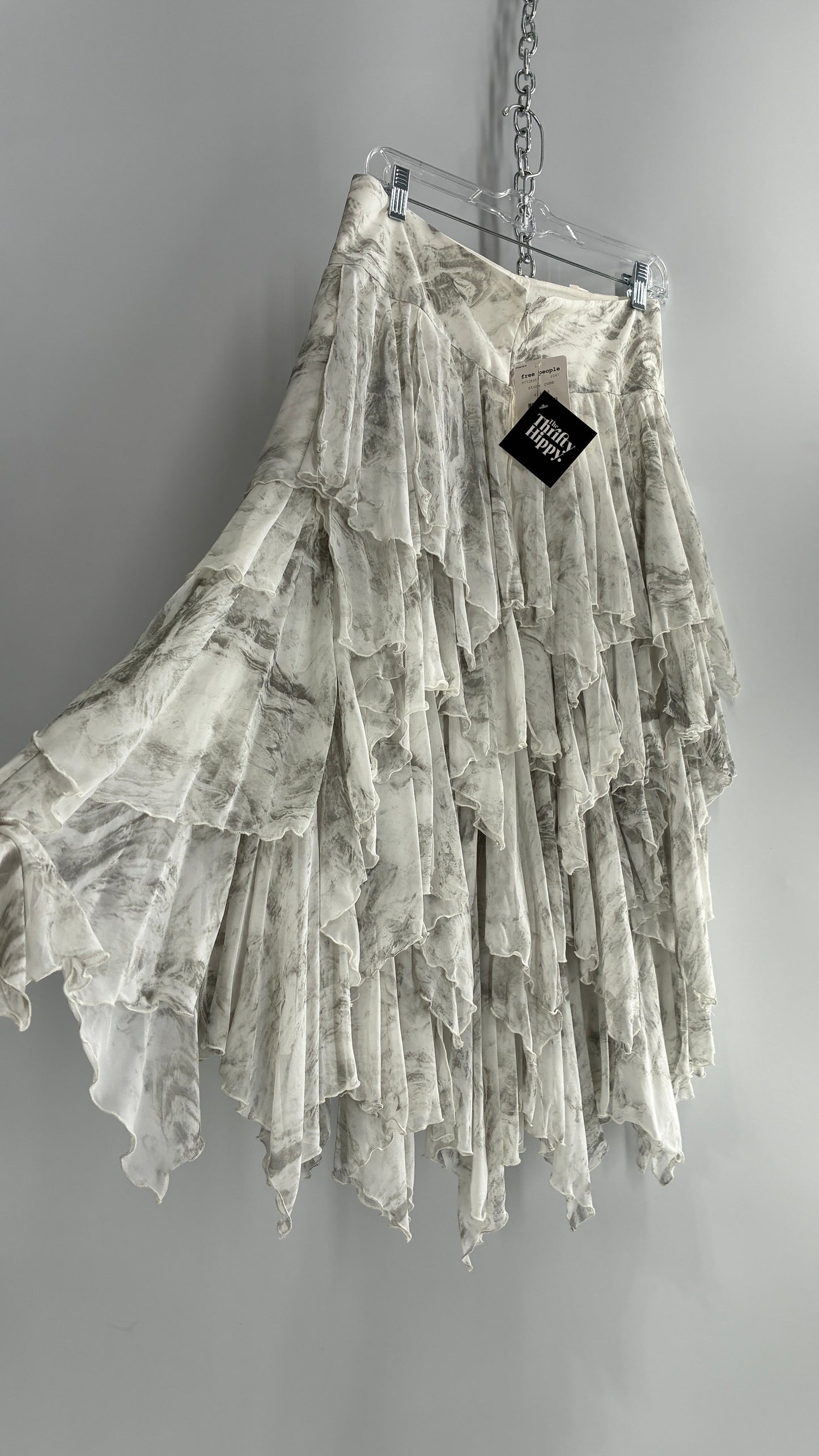 Free People Layered, Tiered Voluminous White and Grey Watercolor Full Skirt with Tags Attached (4)