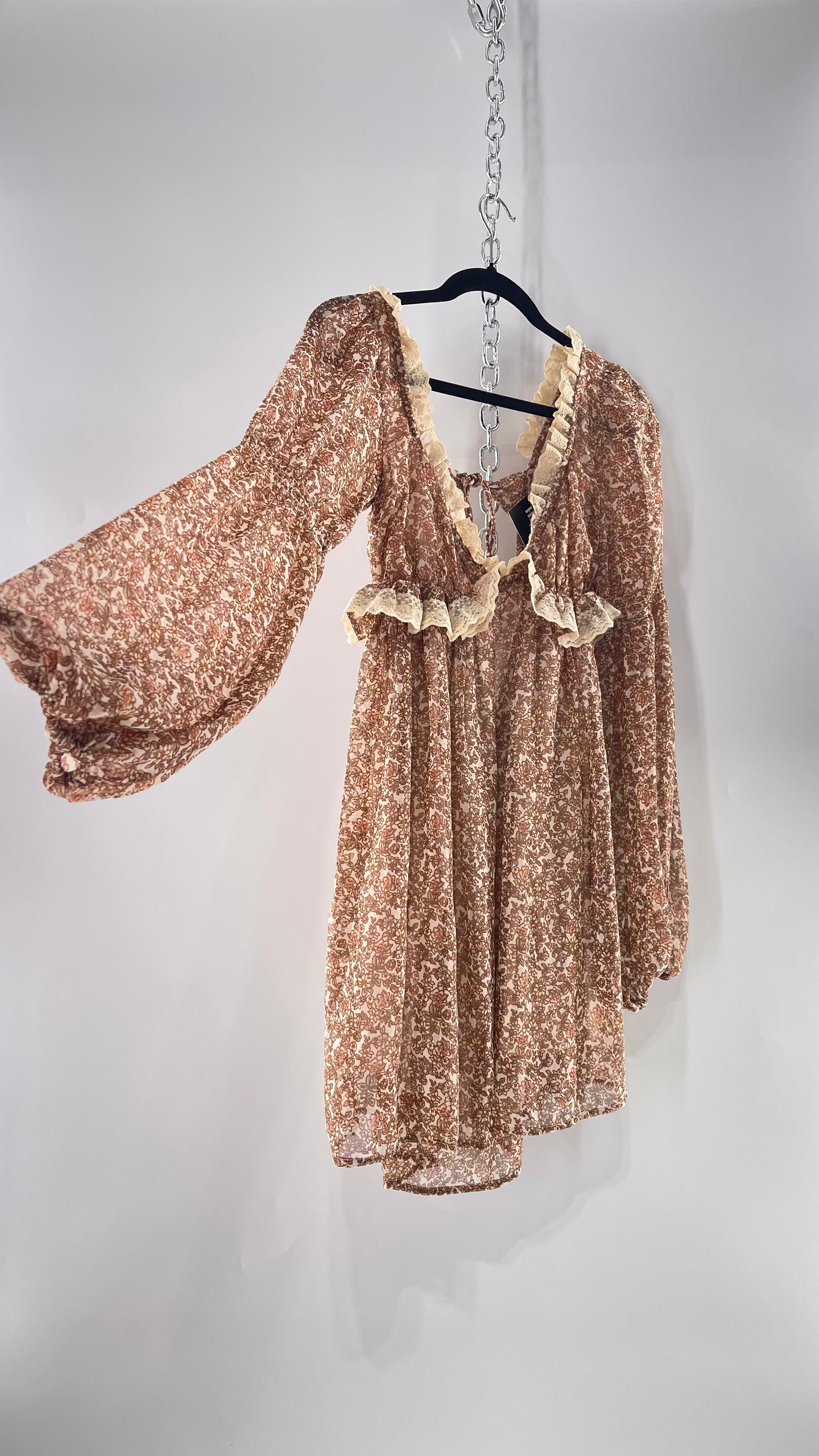 Free People Brown Floral Mini Dress with Beige Lace Lining and Puffy Balloon Sleeves (XS)