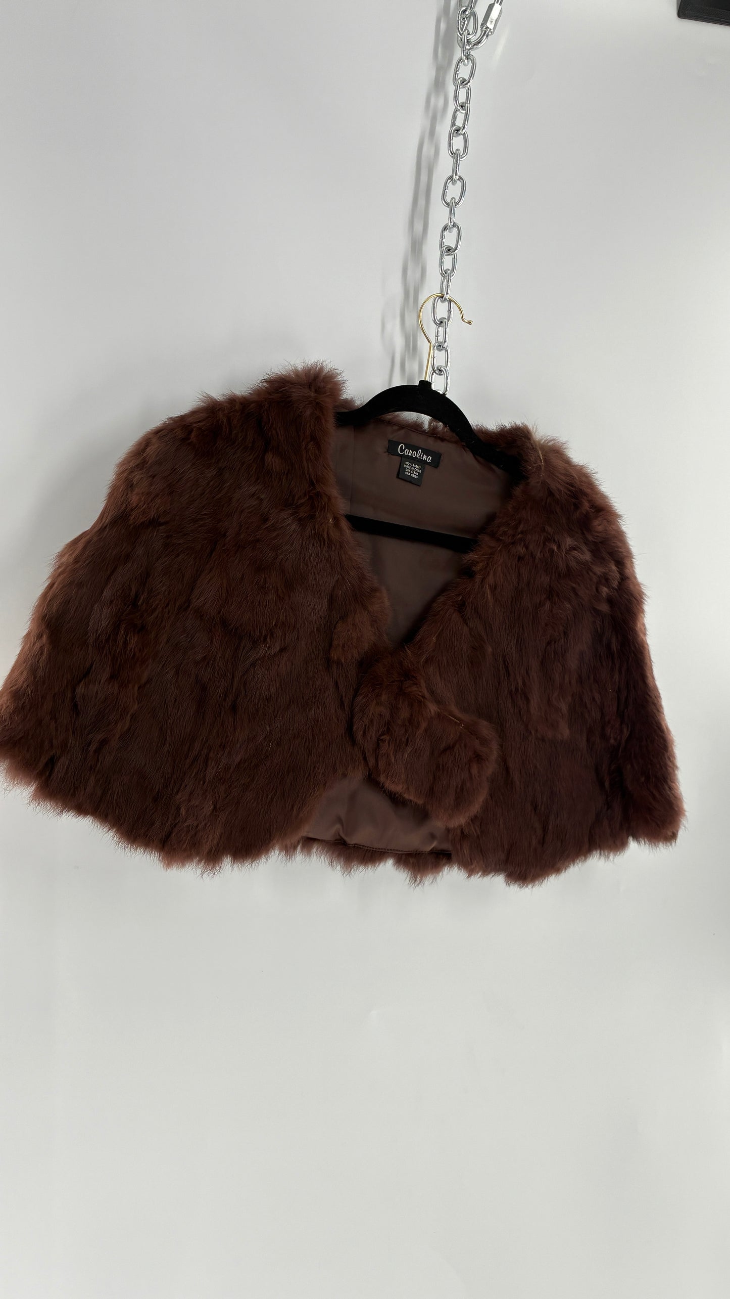 Vintage CAROLINE 100% Rabbit Fur Brown Shrug Cape with Oversized Round Buckle (One Size)