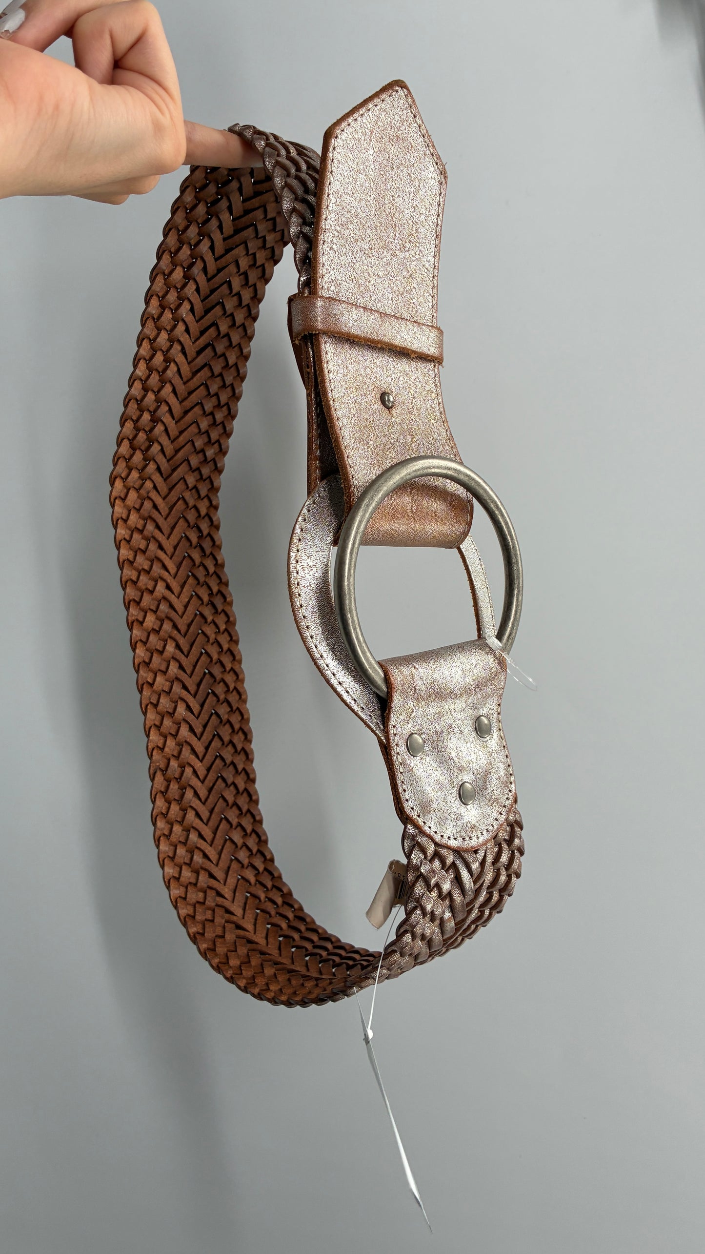 Vintage ARMANI Metallic Silver Thick Braided Leather Belt with Oversized Metal Loop Buckle (Small)