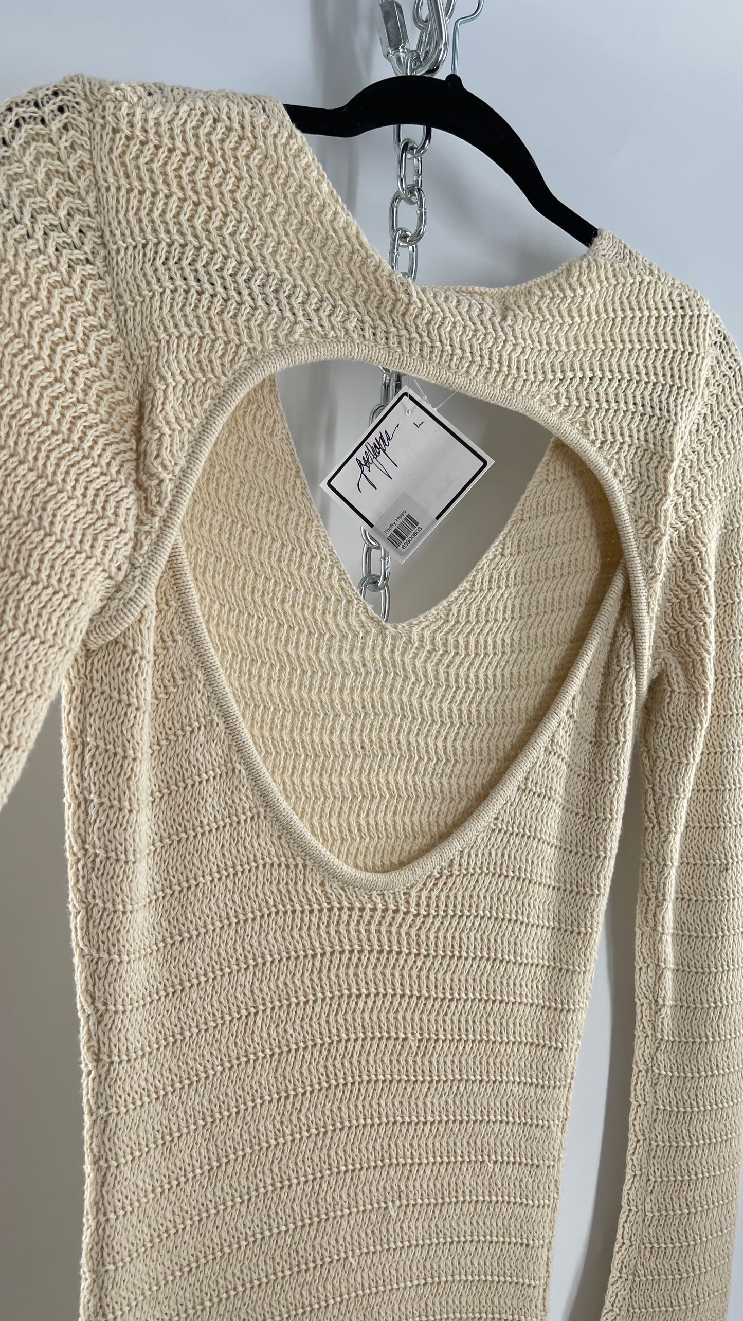 Free People Cozy Cream Knit Open Back Maxi Dress with Slight Bell Sleeve (Large)