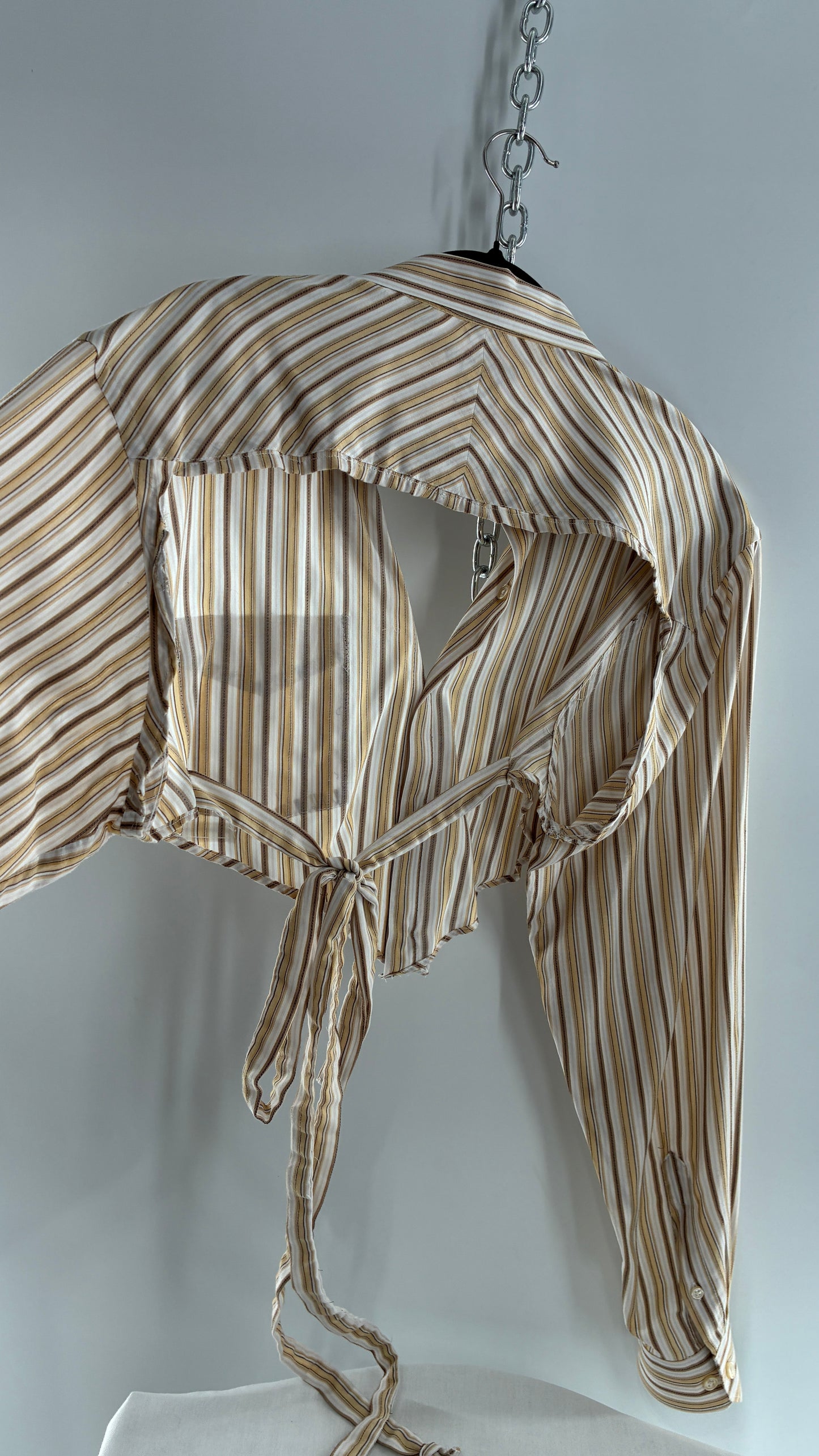Vintage VAN HEUSEN Reworked Button Front Backless Mustard Yellow, Brown Striped Blouse (One Size)