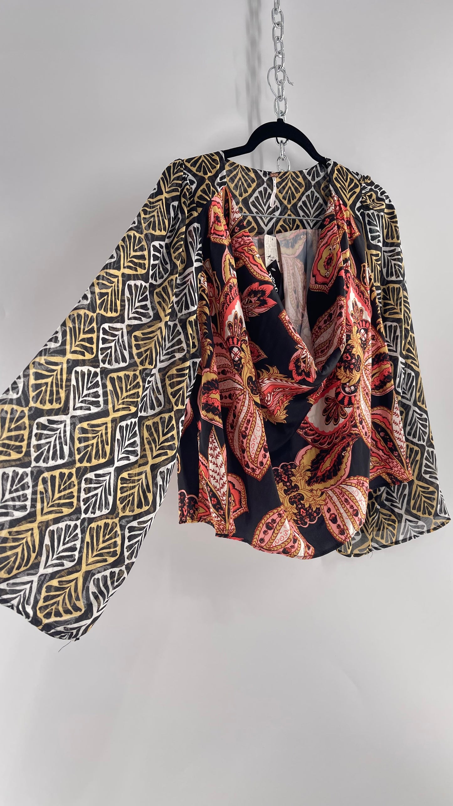 Free People Paisley Bodice Blouse with Sheer Contrast Sleeves, Draping Neckline and Tags Attached (Small)