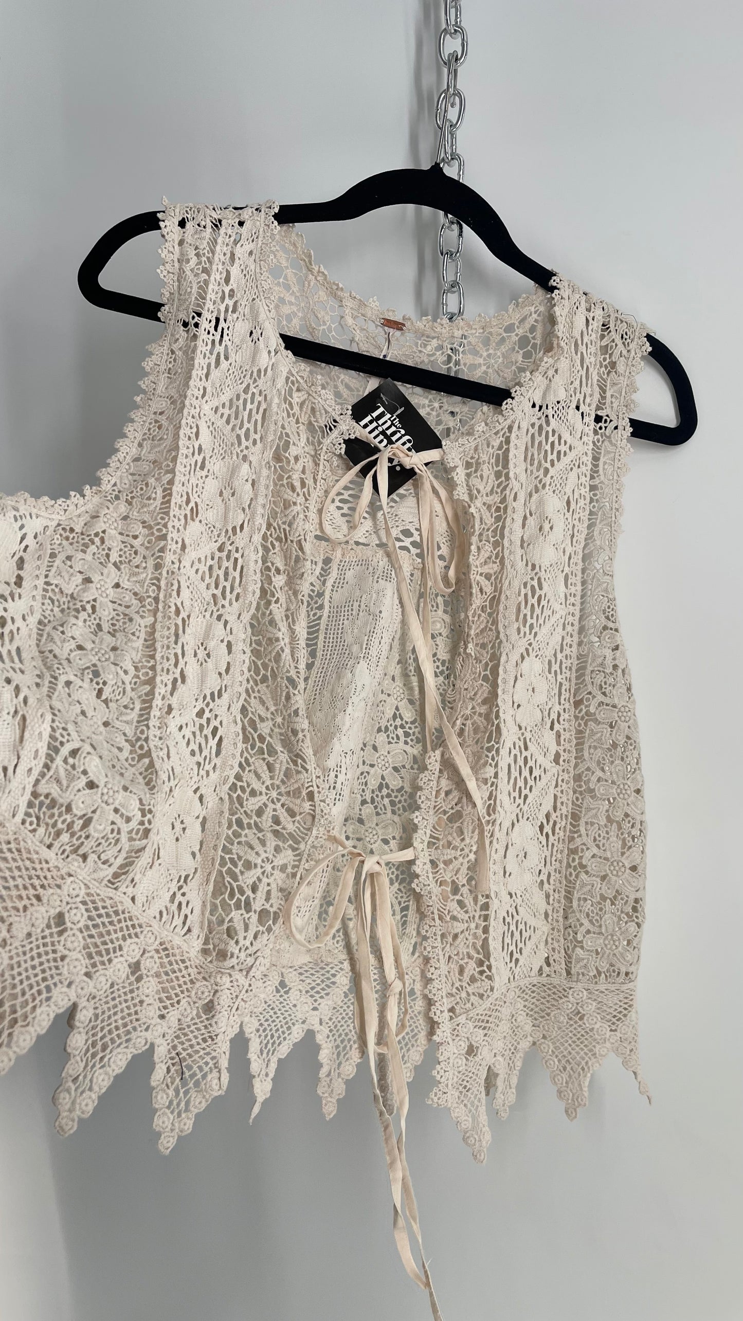Free People Off White Lace Crochet Vest/ Tie Bust Sleeveless Top (Medium)