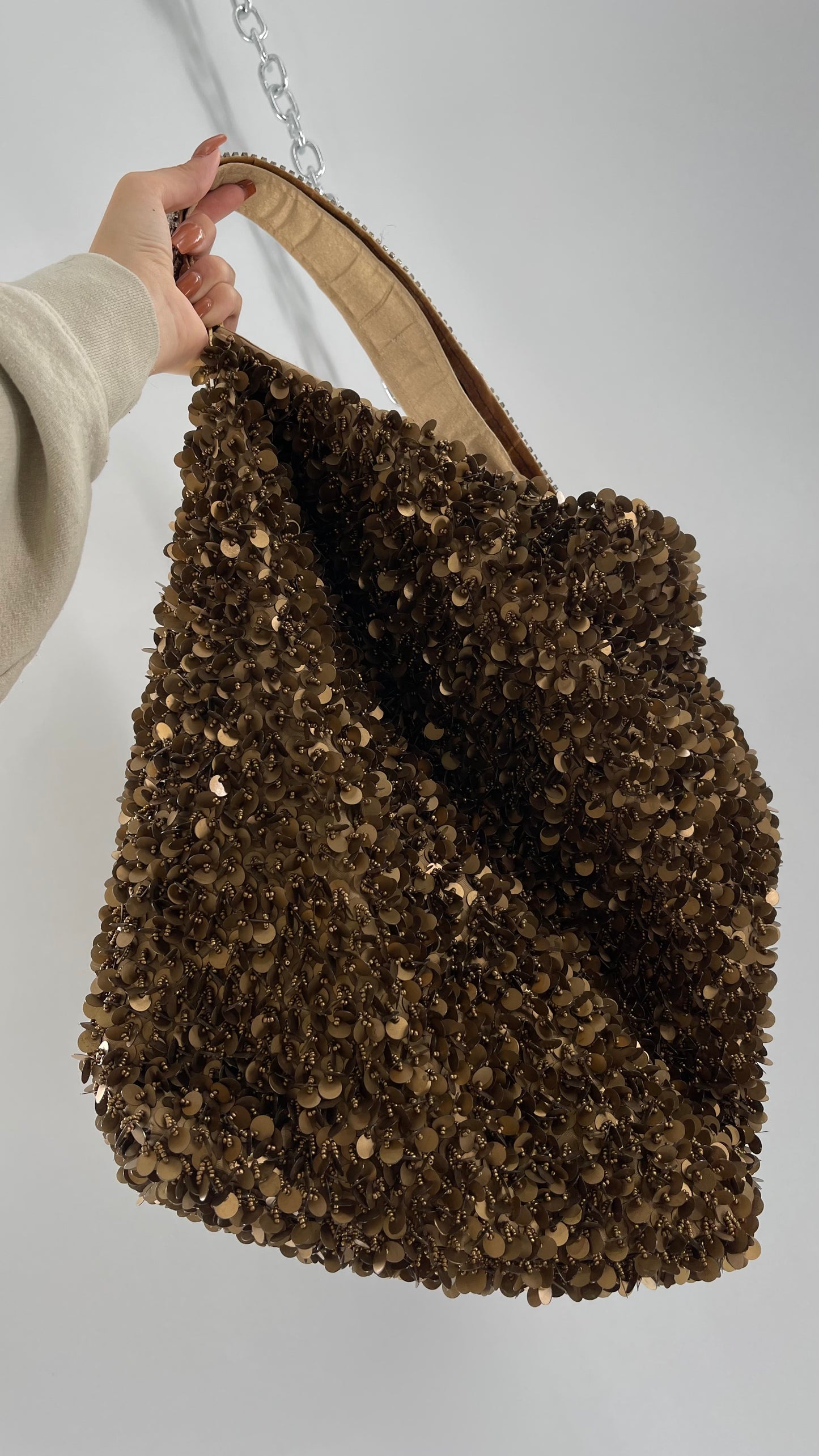 Deadstock The Find Marvelous Bronze Beaded Sequin Tote Bag with Gemstone Strap