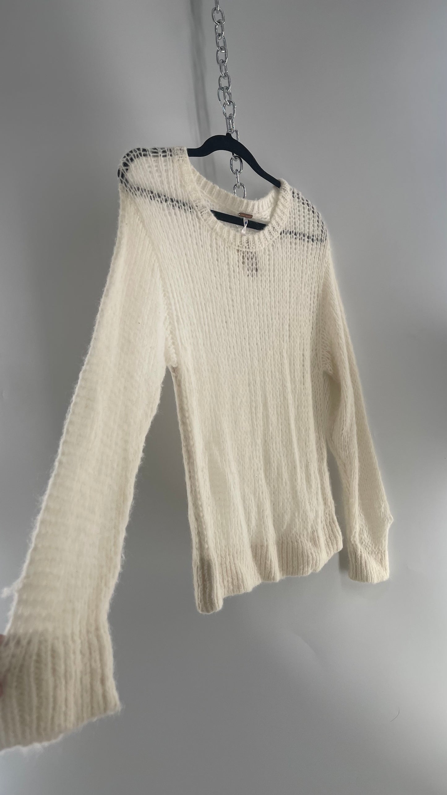 Free People White Open Knit Sweater 56% Alpaca (Medium)