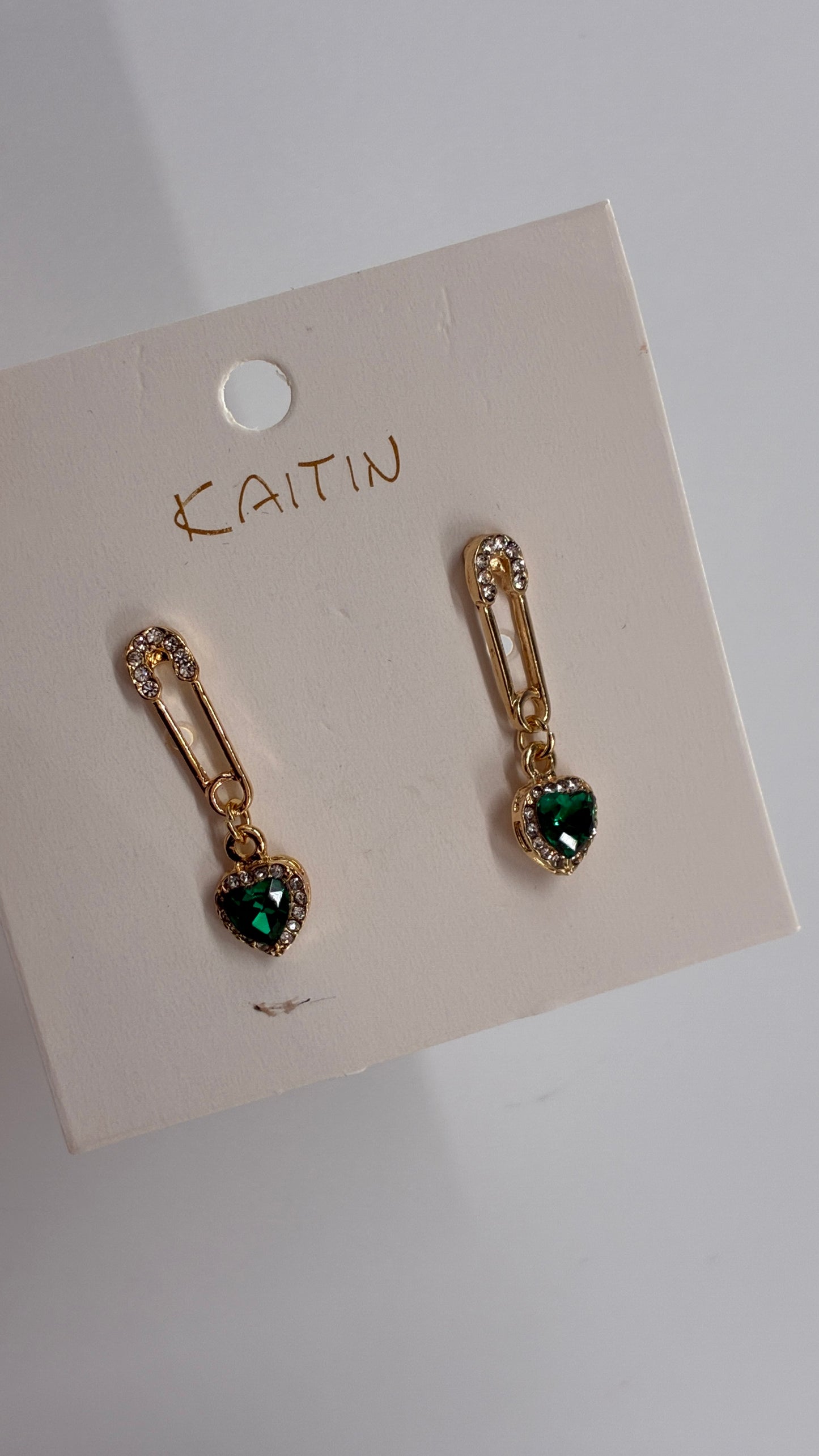Gold Safety Pin Earring with Green Heart Stone Pendent