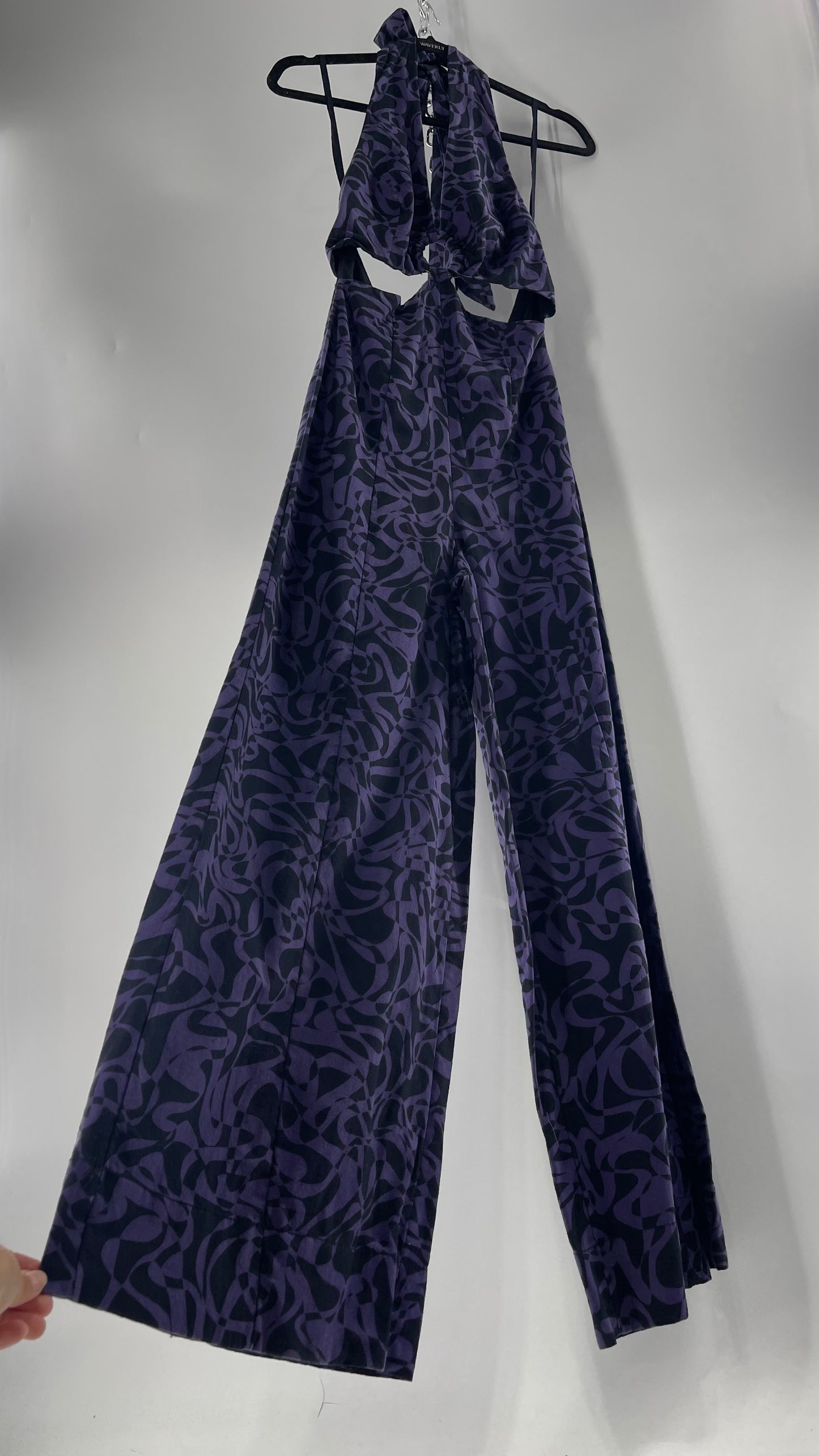 Free People Kira Retro Black and Purple Wide Leg Halter Jumpsuit with Tortoise Bust Loop (XS)