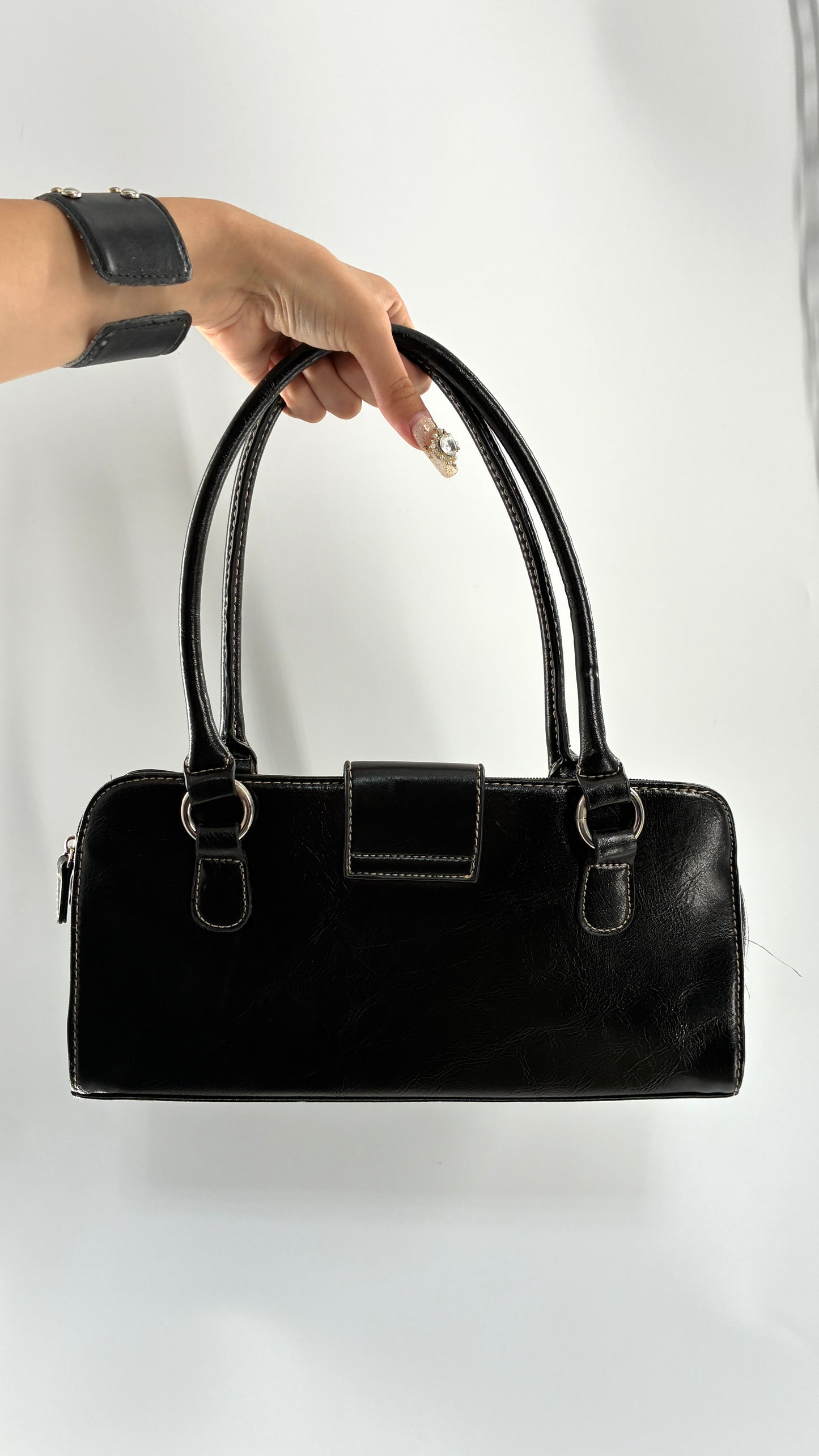 Deadstock Vintage MINICCI Black Shoulder Bag With Silver Hardware, Exaggerated Stitching