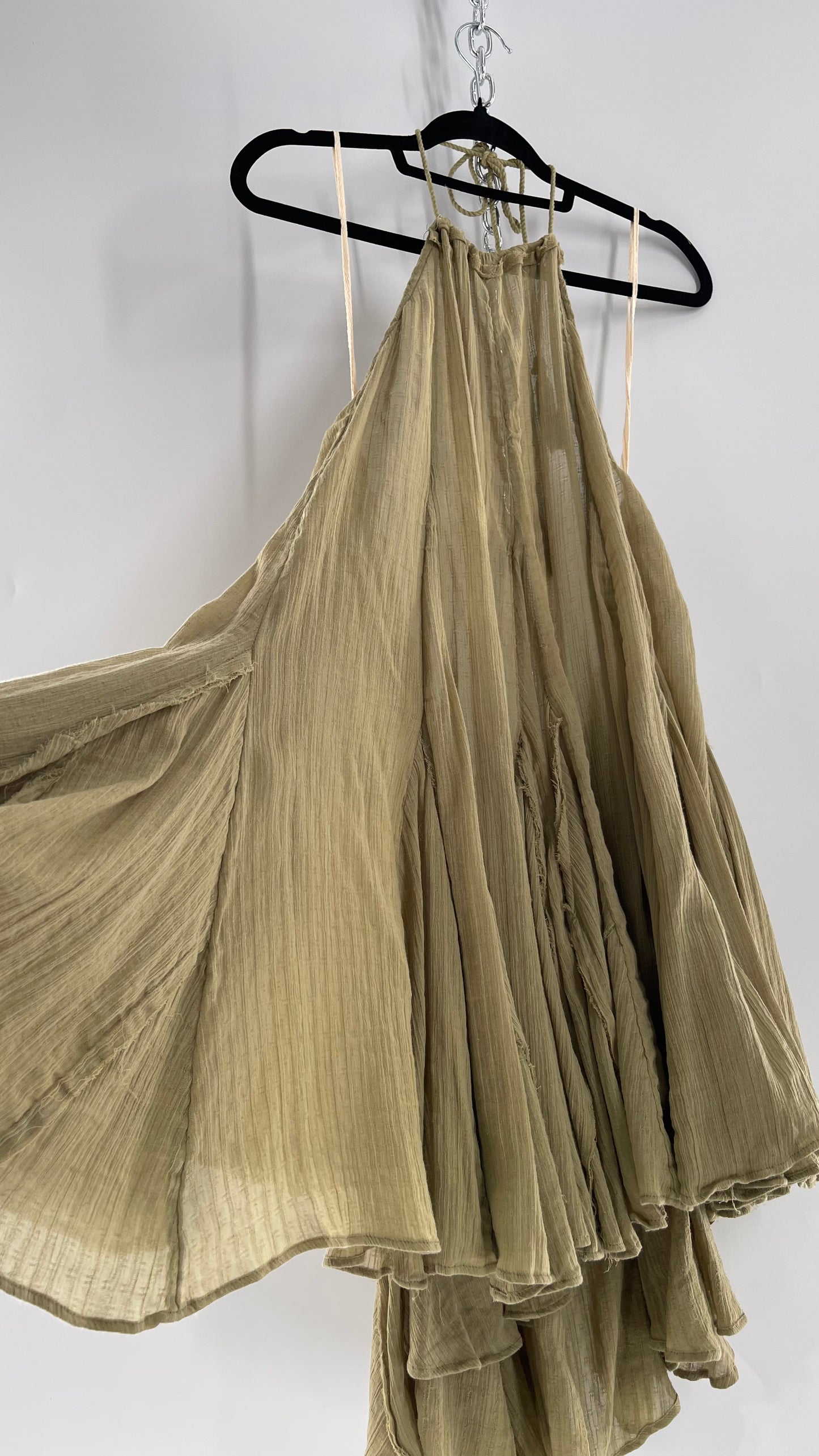 Free People Olive Sage Gauze/Cotton Halter Backless Dress (M)