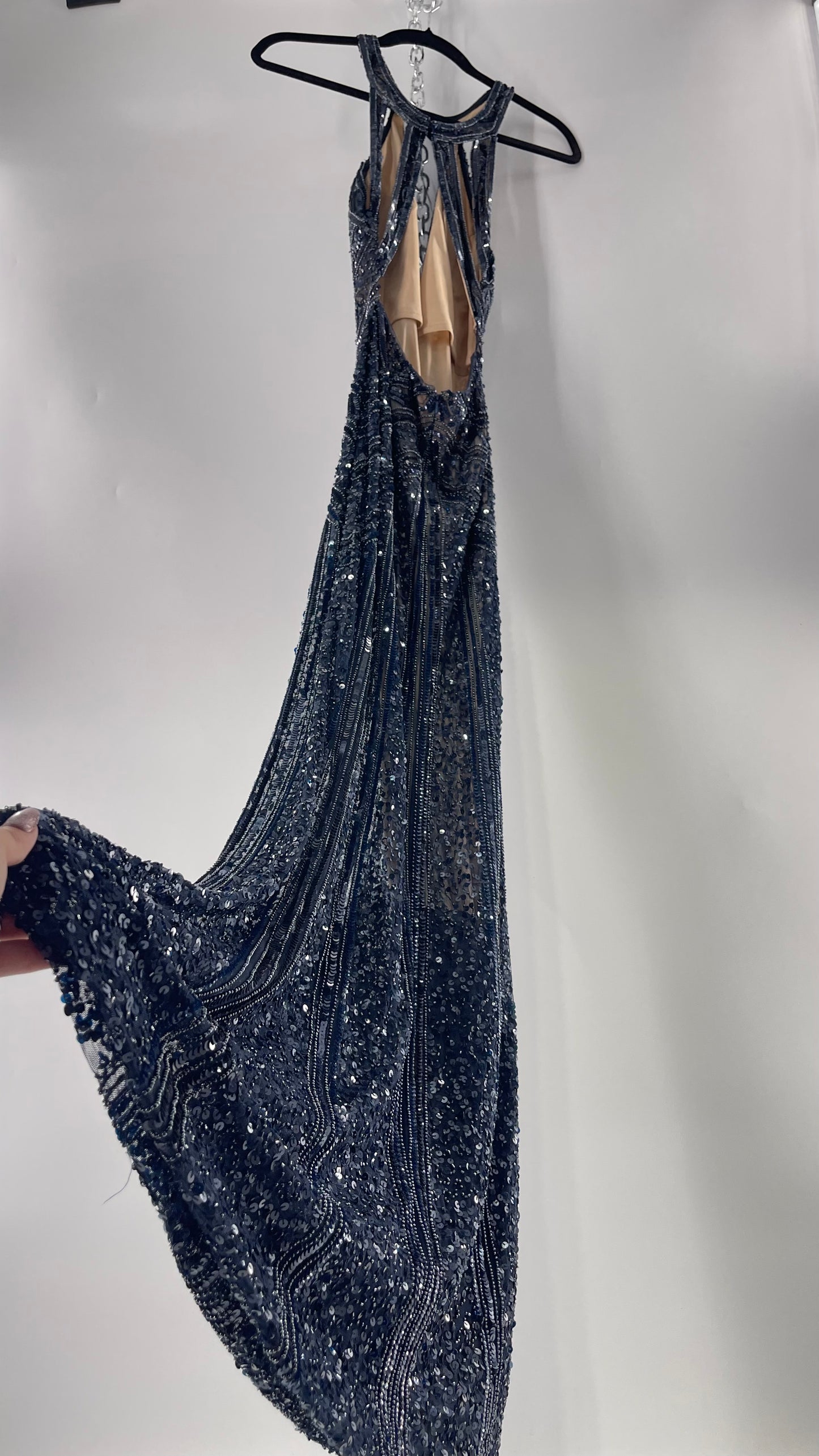 Vintage SCALA Navy Blue Beaded Floor Length Gown with Plunging Neckline, Backless Detail, and Tan Underlay (C)(4)