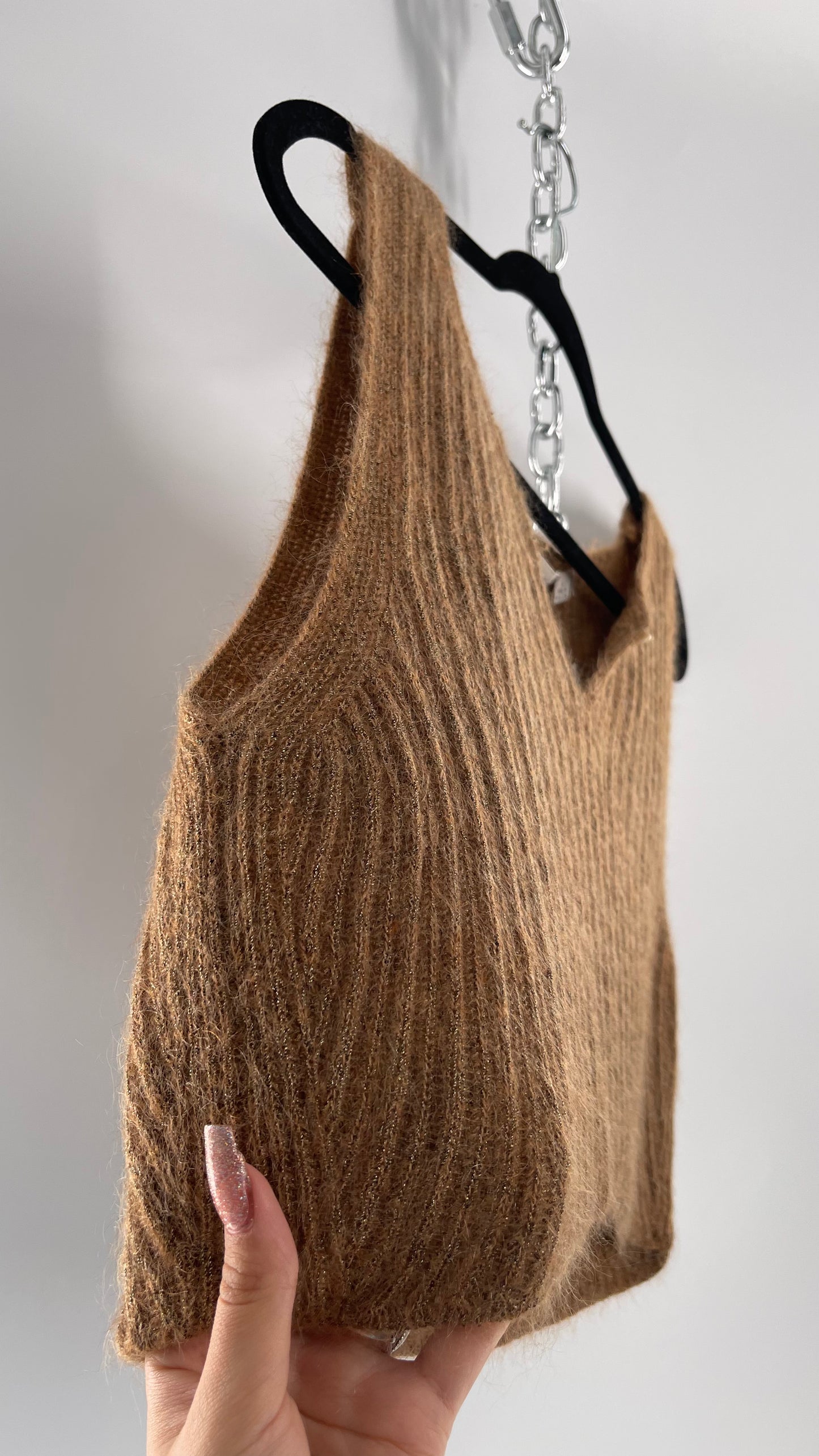 Vintage Anne Klein 42% Mohair Tan Knit Tank with Gold Tinsel (Large)
