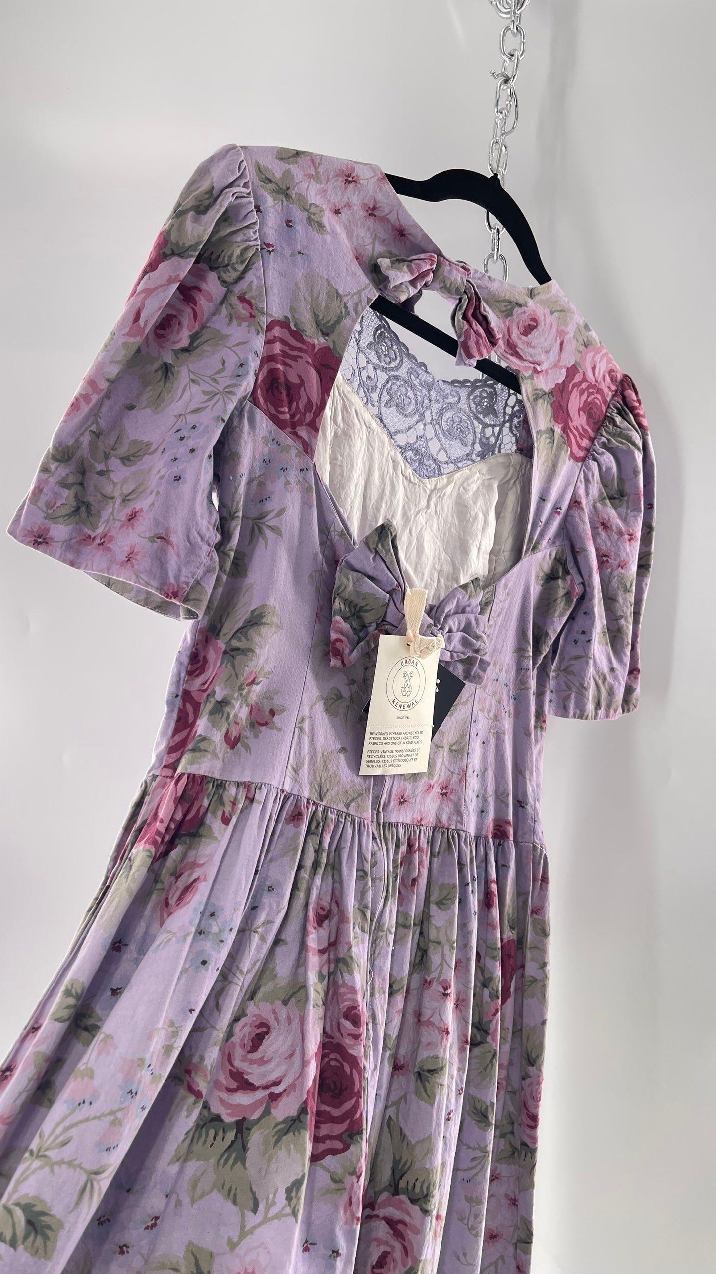 Vintage Urban Renewal Reworked and Upcycled Misty Lane Lilac/Lavender Floral Fit/Flare Dress with Sweetheart Neckline, Lace Detail and Bow Adorned Open Back (11/12)