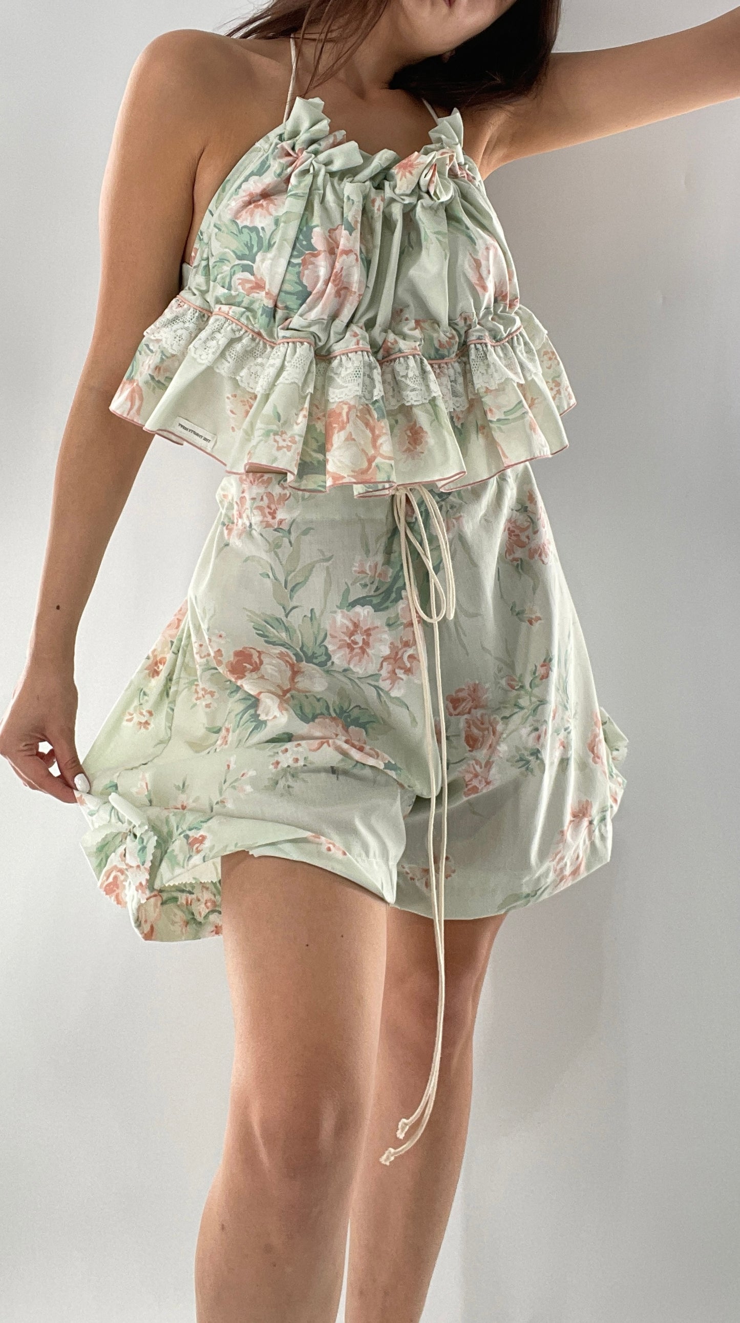 Vintage 2 Piece Bloomers and Babydoll Blouse Set Covered in Delicate Florals, Ruffles, Bows and Lace (One Size)