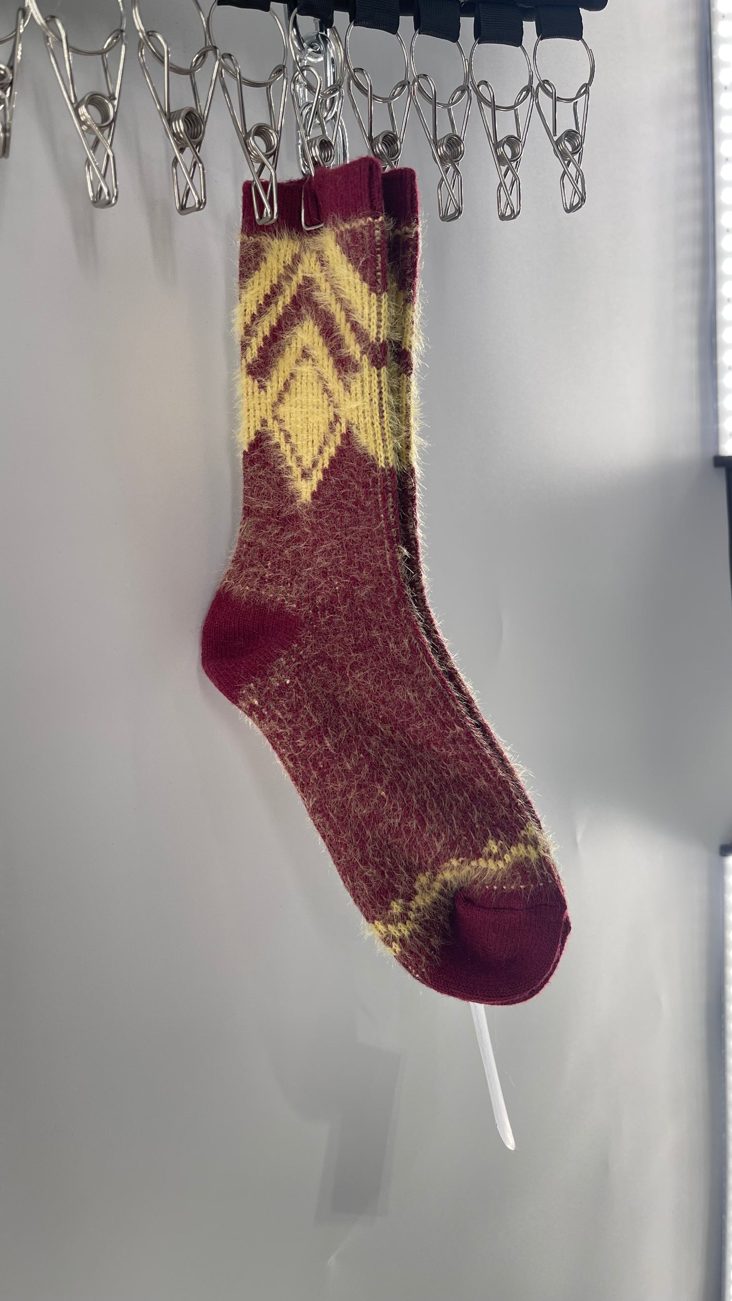 Free People Maroon/Burgundy Fuzzy Cozy Socks with Yellow Argyle Pattern