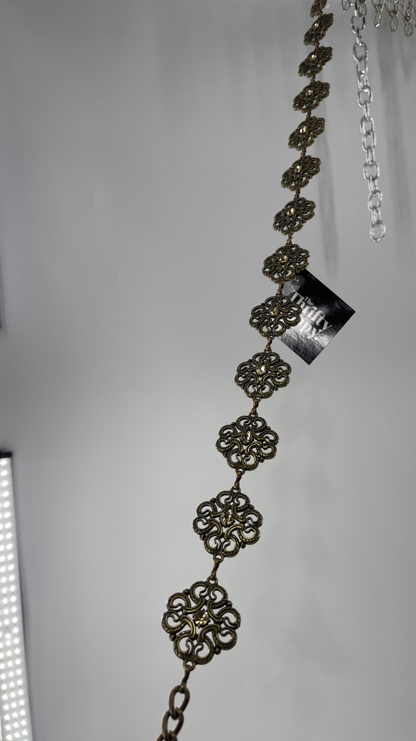 Vintage Gold/Bronze Metal Chain Belt with Rhinestone Embellishments (S/M)