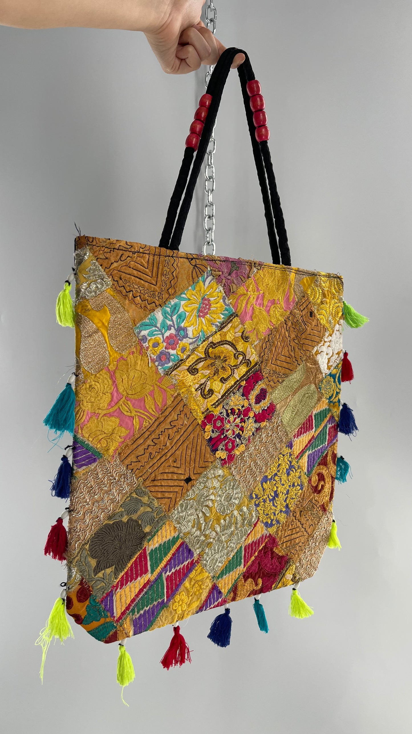 Imported Golden Yellow Patchwork Tote from Brazil with Tassel Detailing