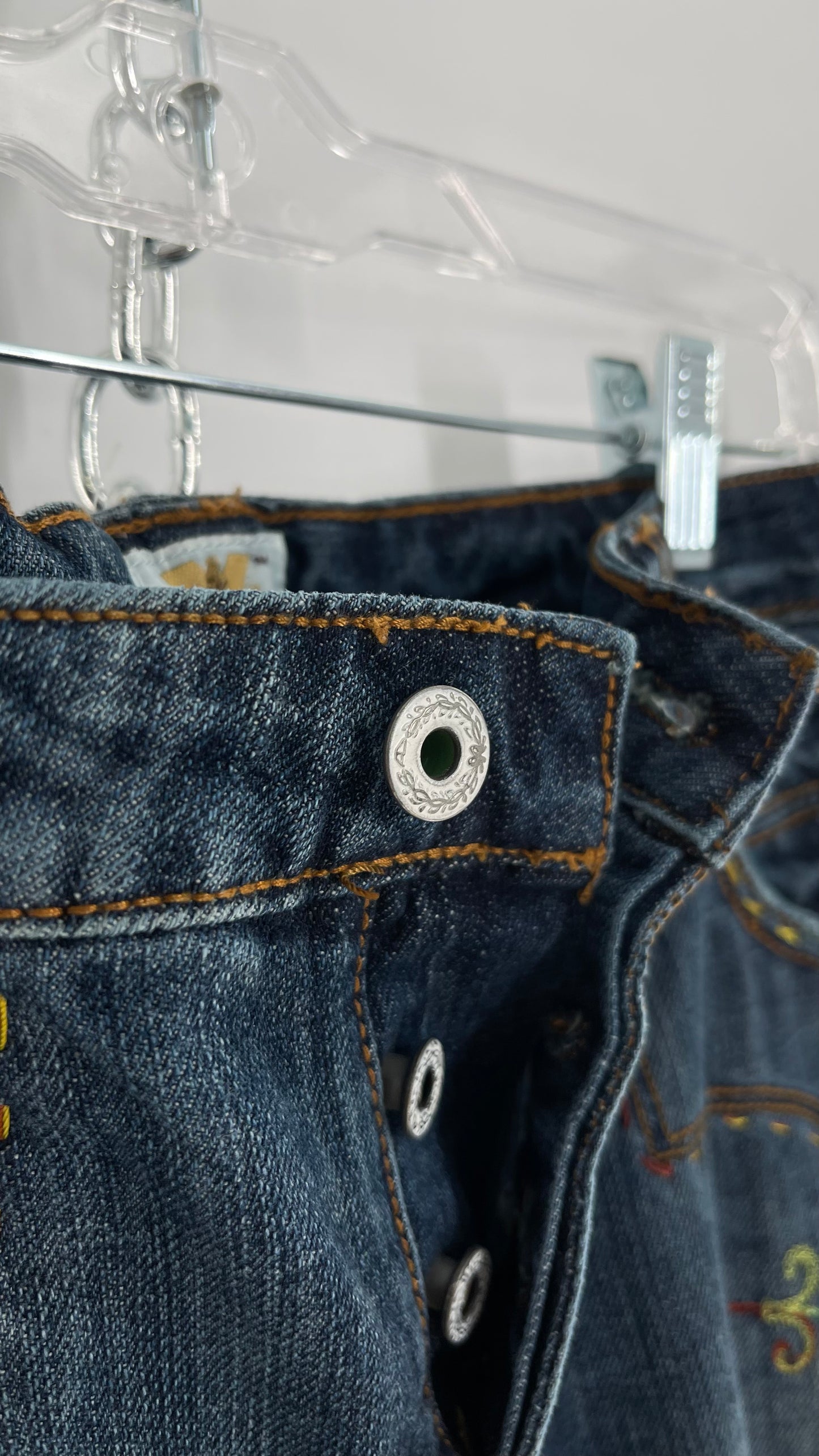 Vintage RARE Antik Denim Kick Flares with Embroidered Flower Design and Contrast Stitching (28)
