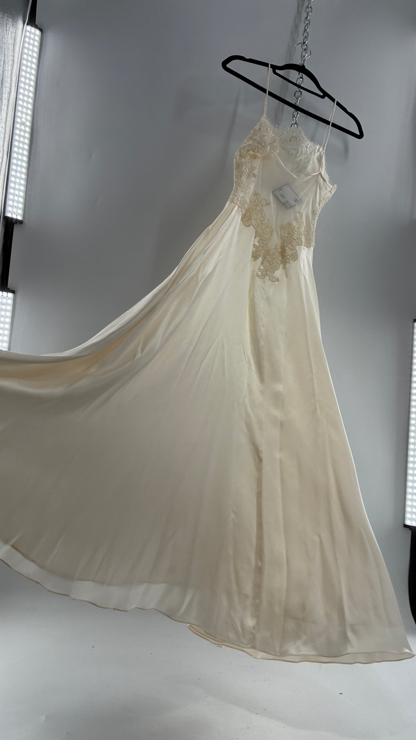 Vintage JONQUIL 100% Silk Gown with Heavy Lace Appliqués and Low Cut Sheer Back (Medium)